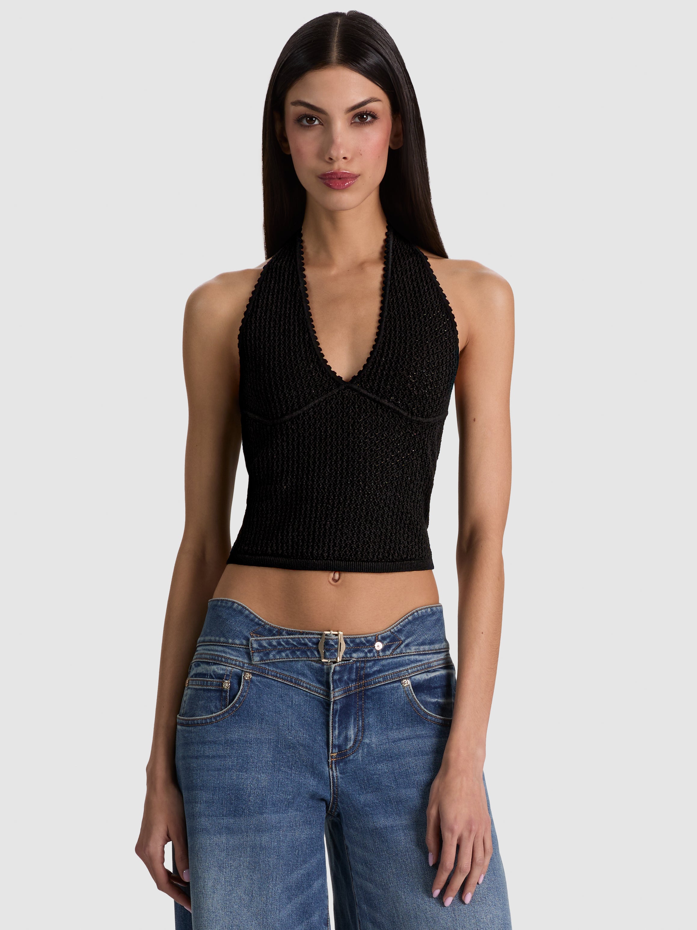PEARL POINTELLE TIE BACK HALTER-Black-ALICE + OLIVIA