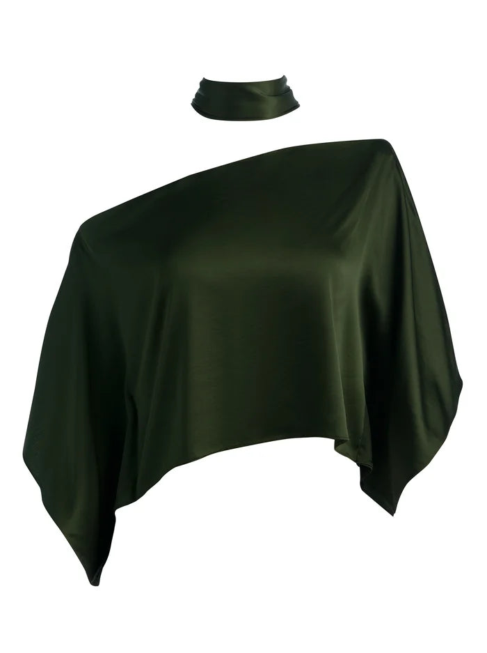 RITA DRAPED TOP WITH SCARF - DARK FERN