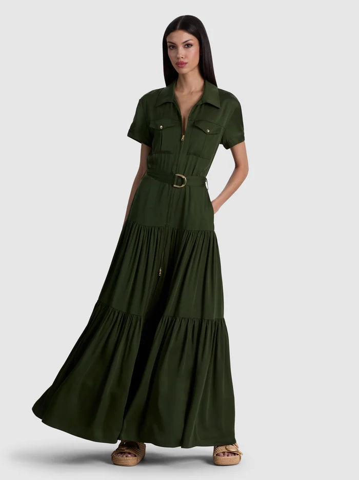 LUCY ZIP FT TIERED UTILITY MAXI SHIRT DRESS W TIE BELT-DARK FERN-ALICE + OLIVIA