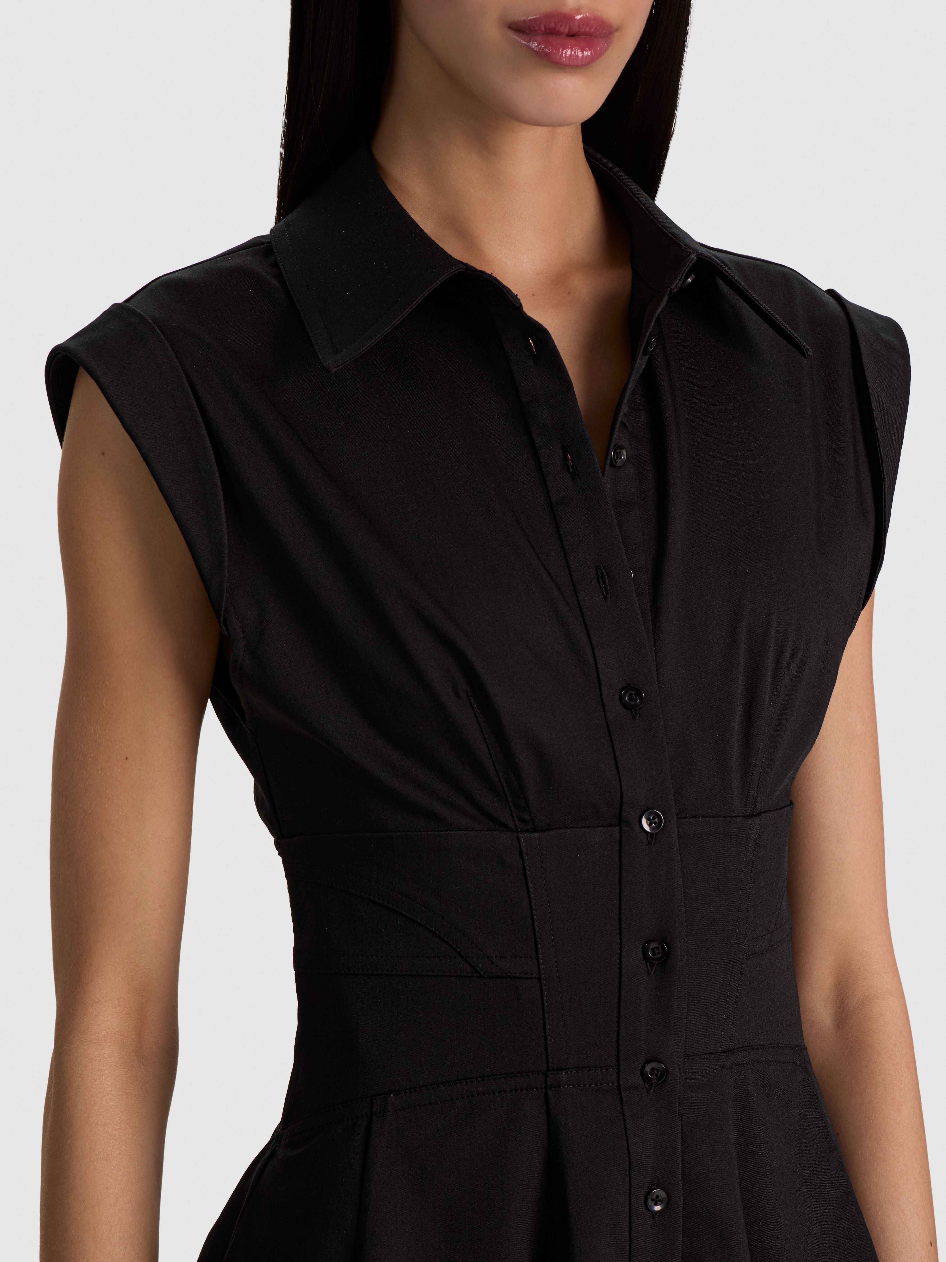 KIM PANELED CORSET FLARED MINI SHIRT DRESS in Black | ALICE + OLIVIA