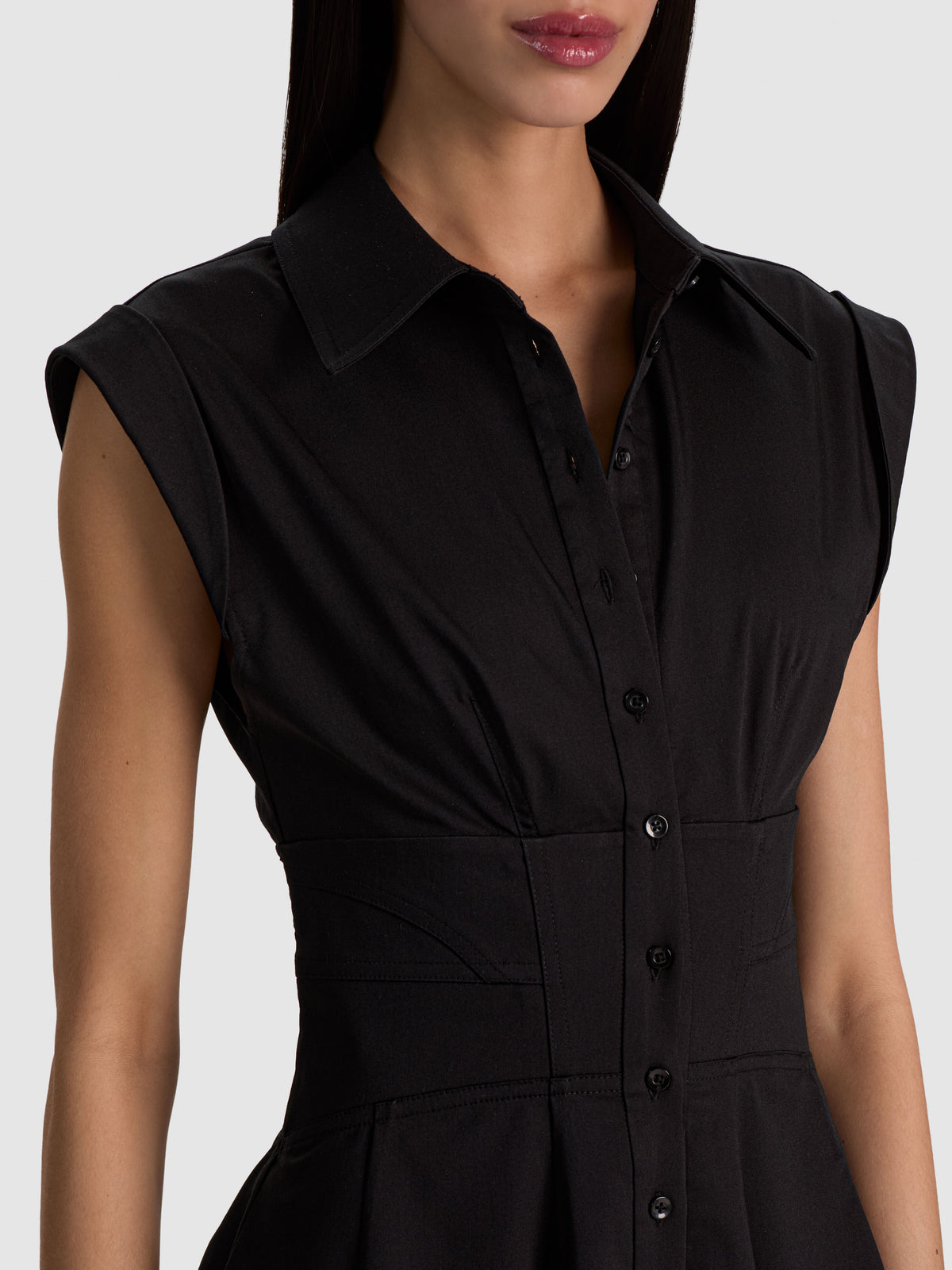 KIM PANELED CORSET FLARED MINI SHIRT DRESS - BLACK