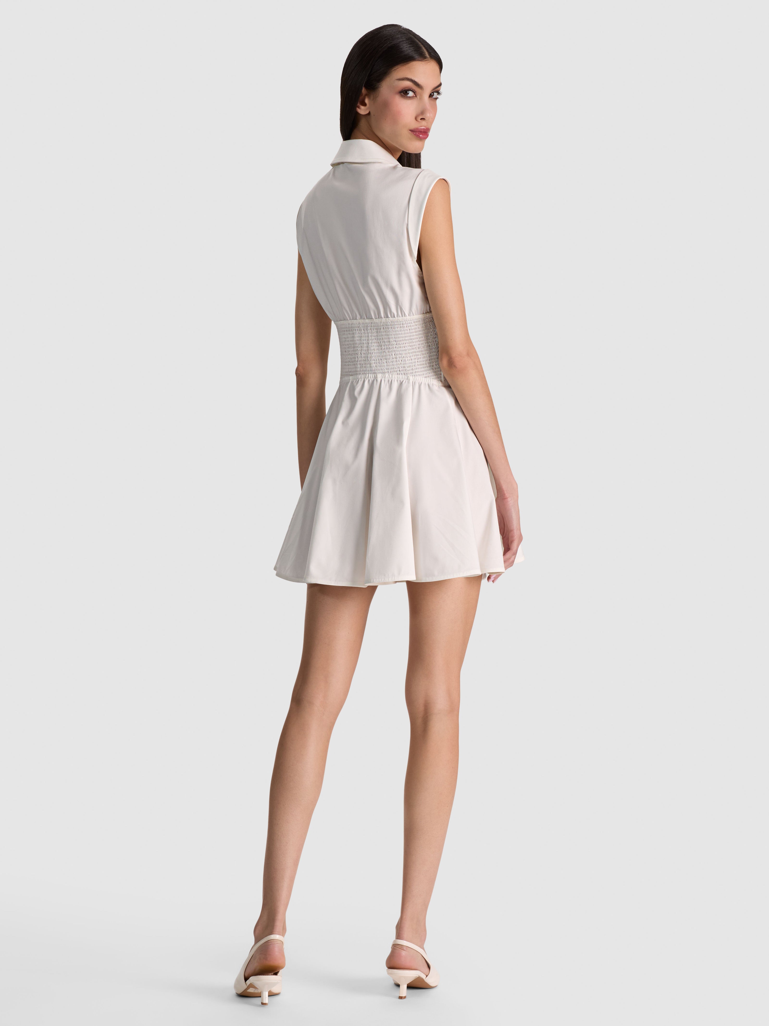 KIM PANELED CORSET FLARED MINI SHIRT DRESS-OFF WHITE-ALICE + OLIVIA