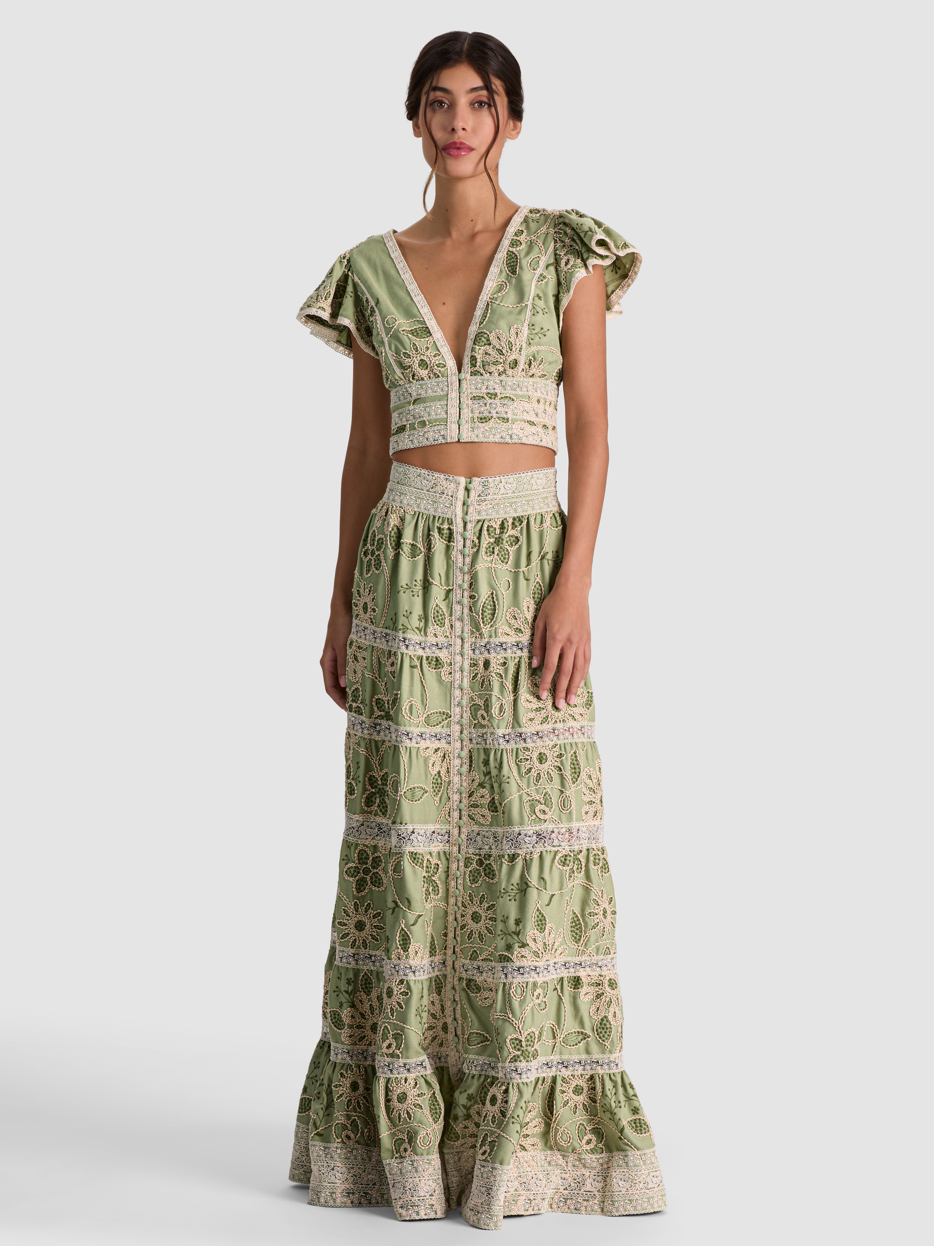 KEELEY EMBROIDERED FLUTTER SLEEVE TOP-GREEN LILY/OATMEAL-ALICE + OLIVIA