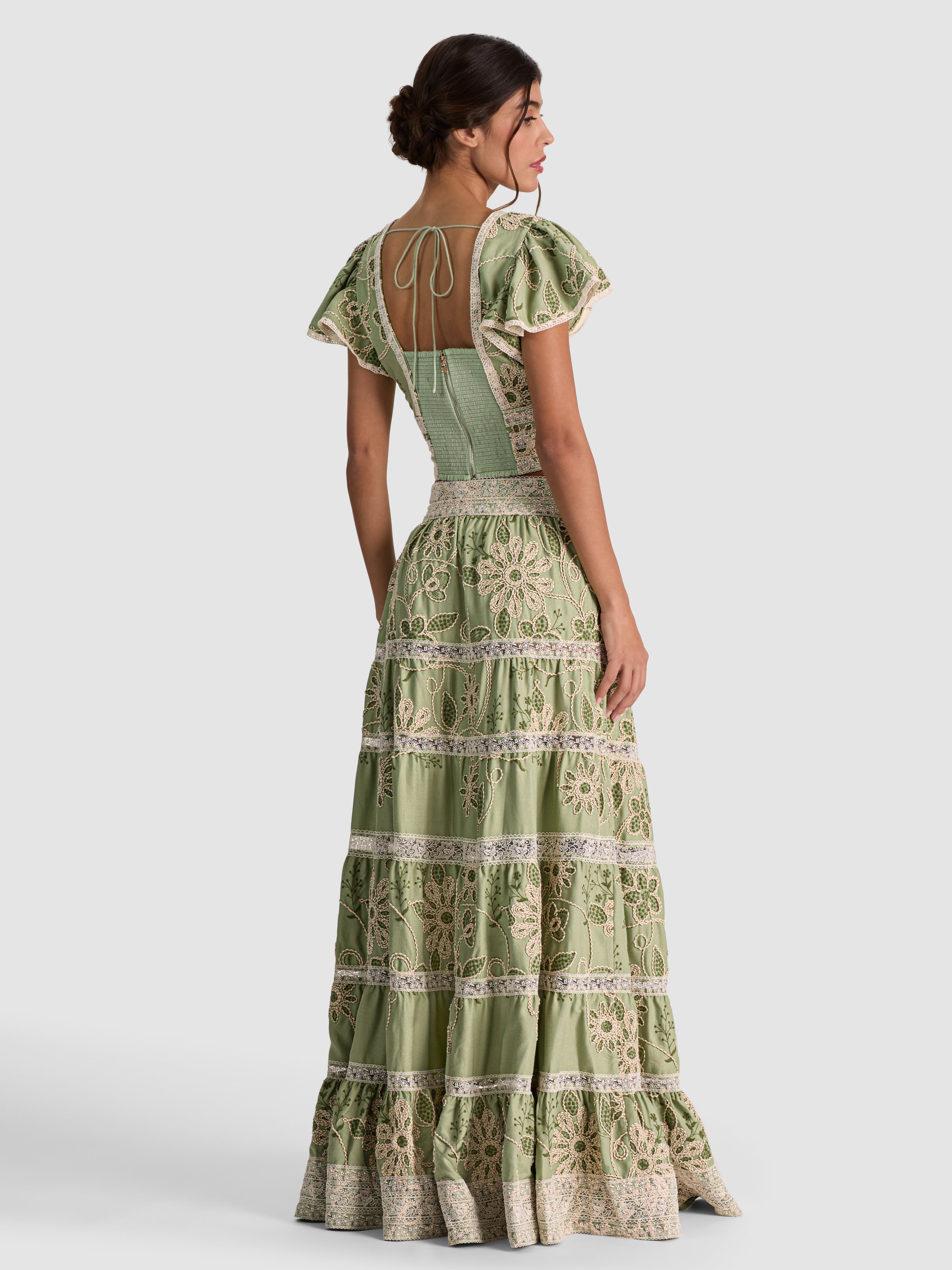KEELEY EMBROIDERED FLUTTER SLEEVE TOP-GREEN LILY/OATMEAL-ALICE + OLIVIA