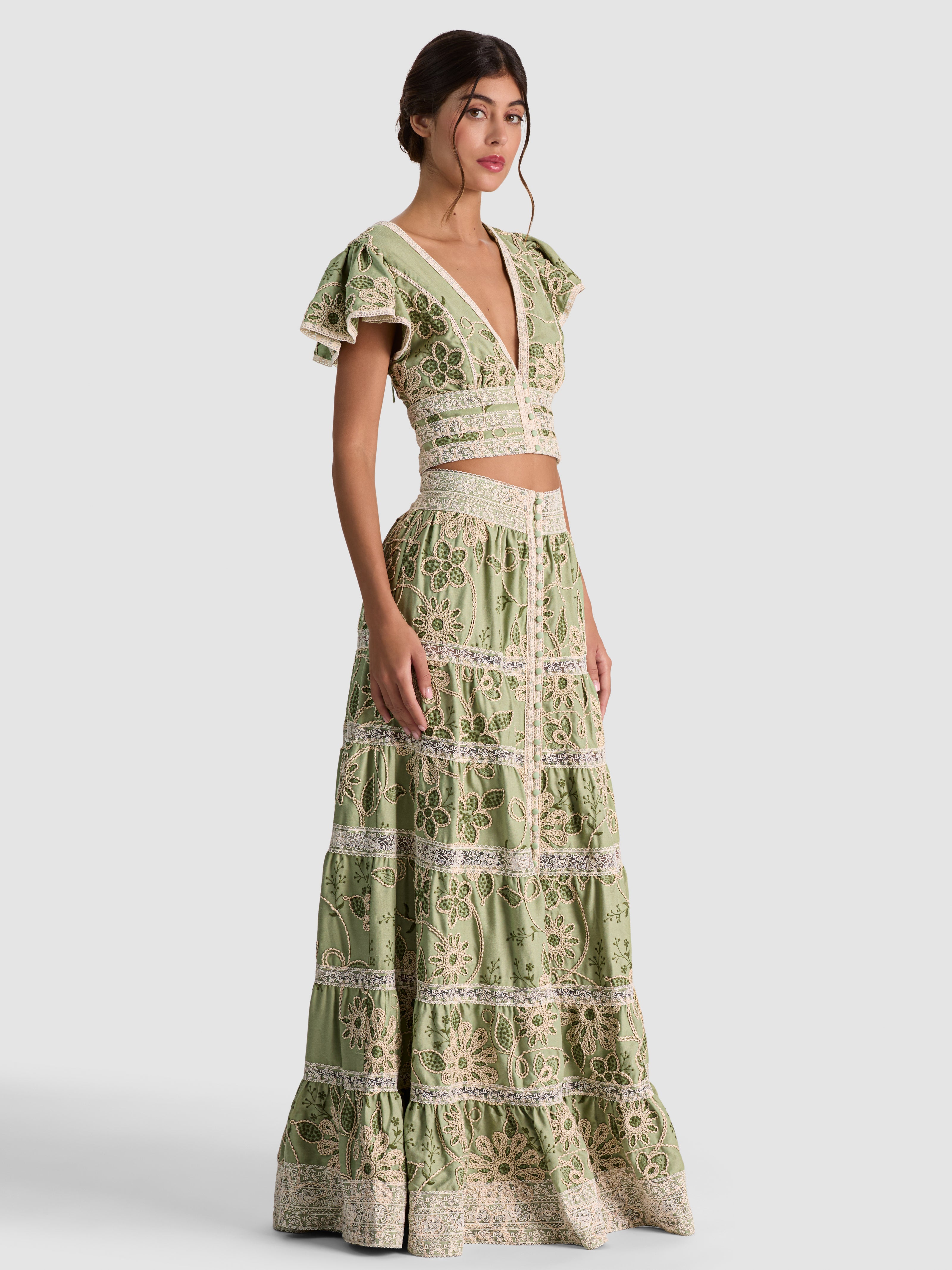 KEELEY EMBROIDERED FLUTTER SLEEVE TOP-GREEN LILY/OATMEAL-ALICE + OLIVIA