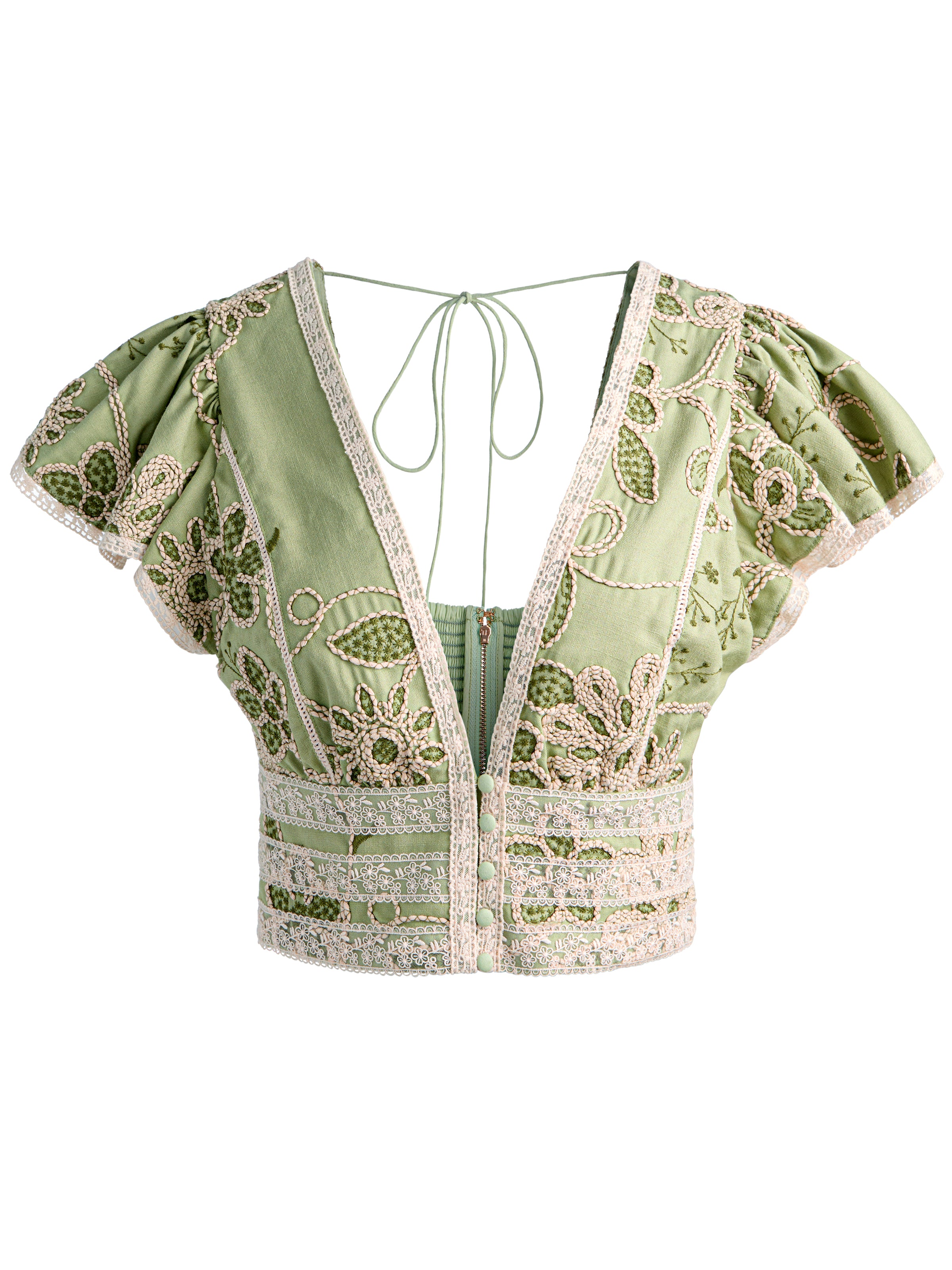 KEELEY EMBROIDERED FLUTTER SLEEVE TOP-GREEN LILY/OATMEAL-ALICE + OLIVIA