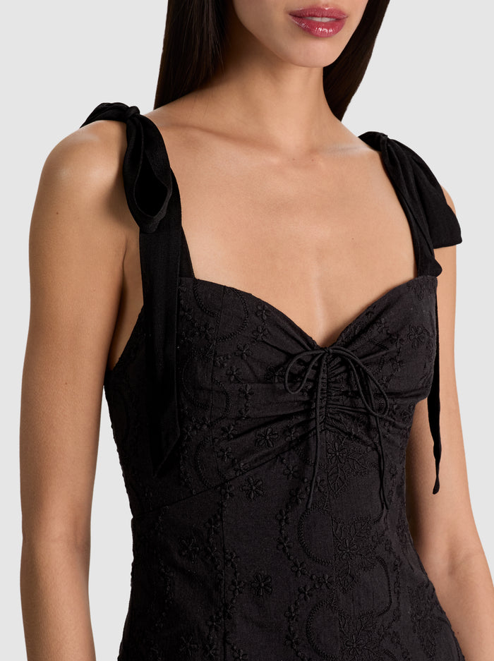AMBRIE EMBR TIE STRAP ROBE COURTE GODET BRETELLES À NOUER-ALICE + OLIVIA