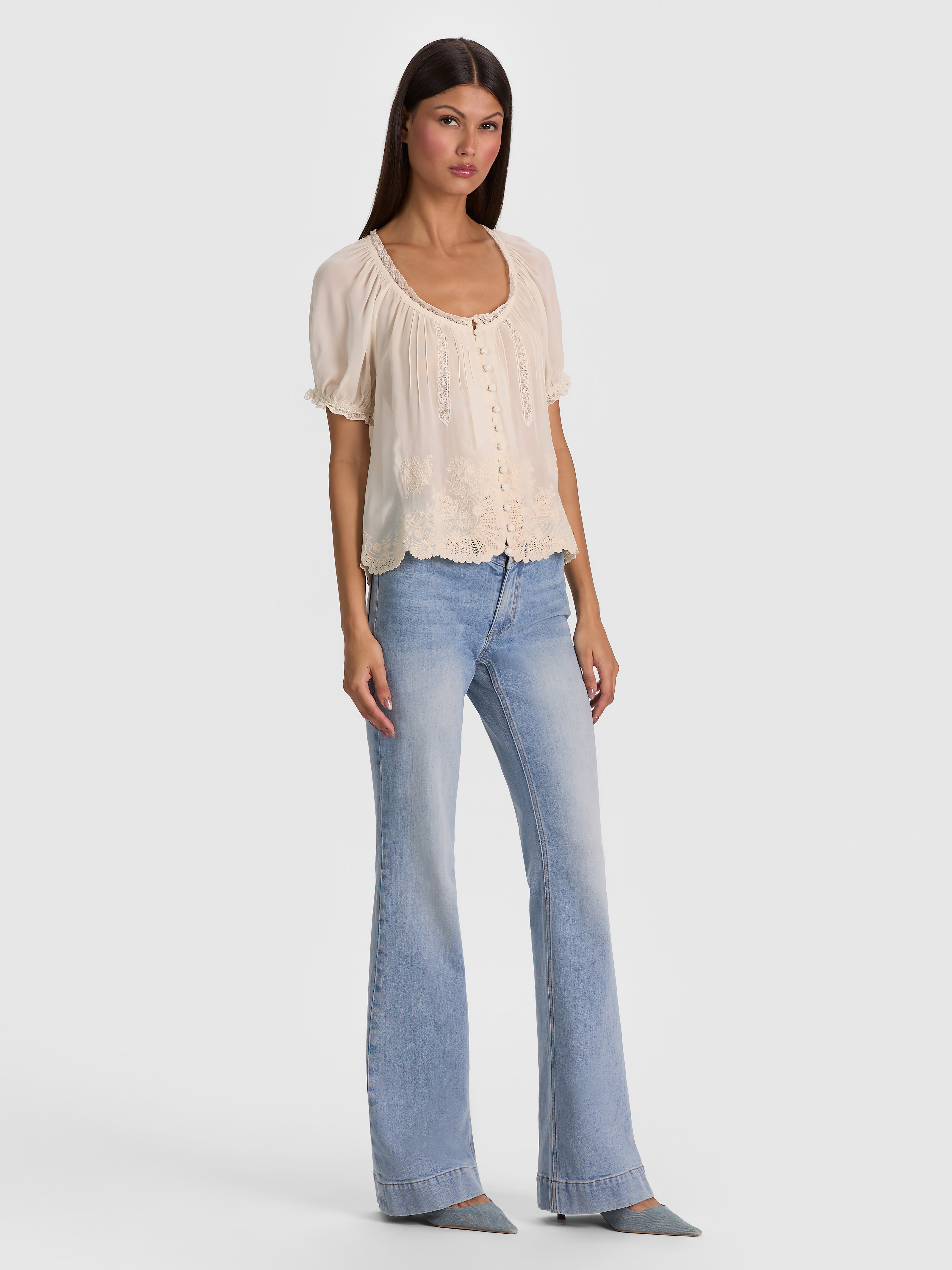 ODETTE EMRBOIDERED PUFF SLEEVE TOP-VANILLA/VANILLA-ALICE + OLIVIA