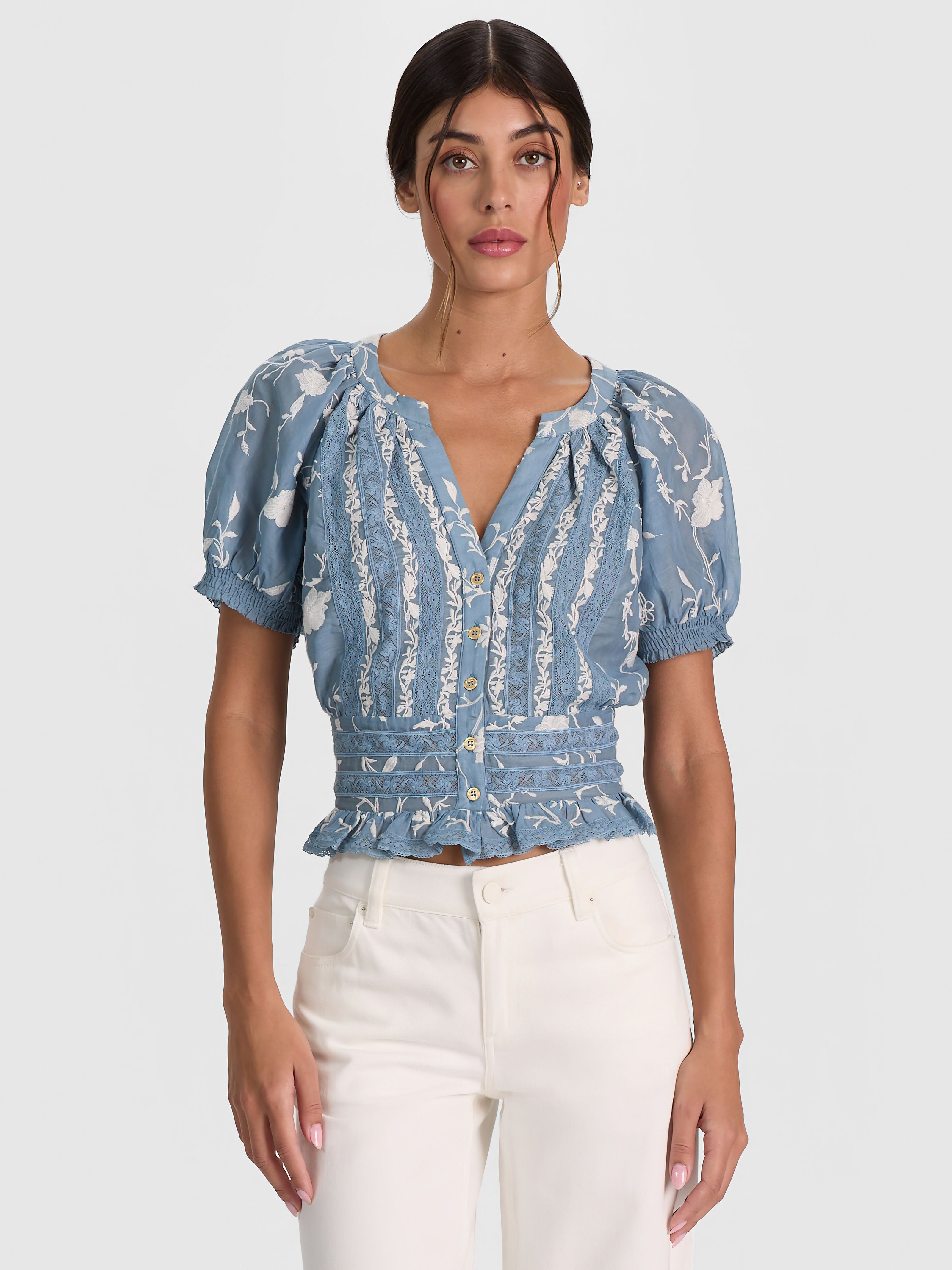 KATHRYN LACE TRIM BLOUSE-DEEP DENIM BLUE/VANILLA-ALICE + OLIVIA