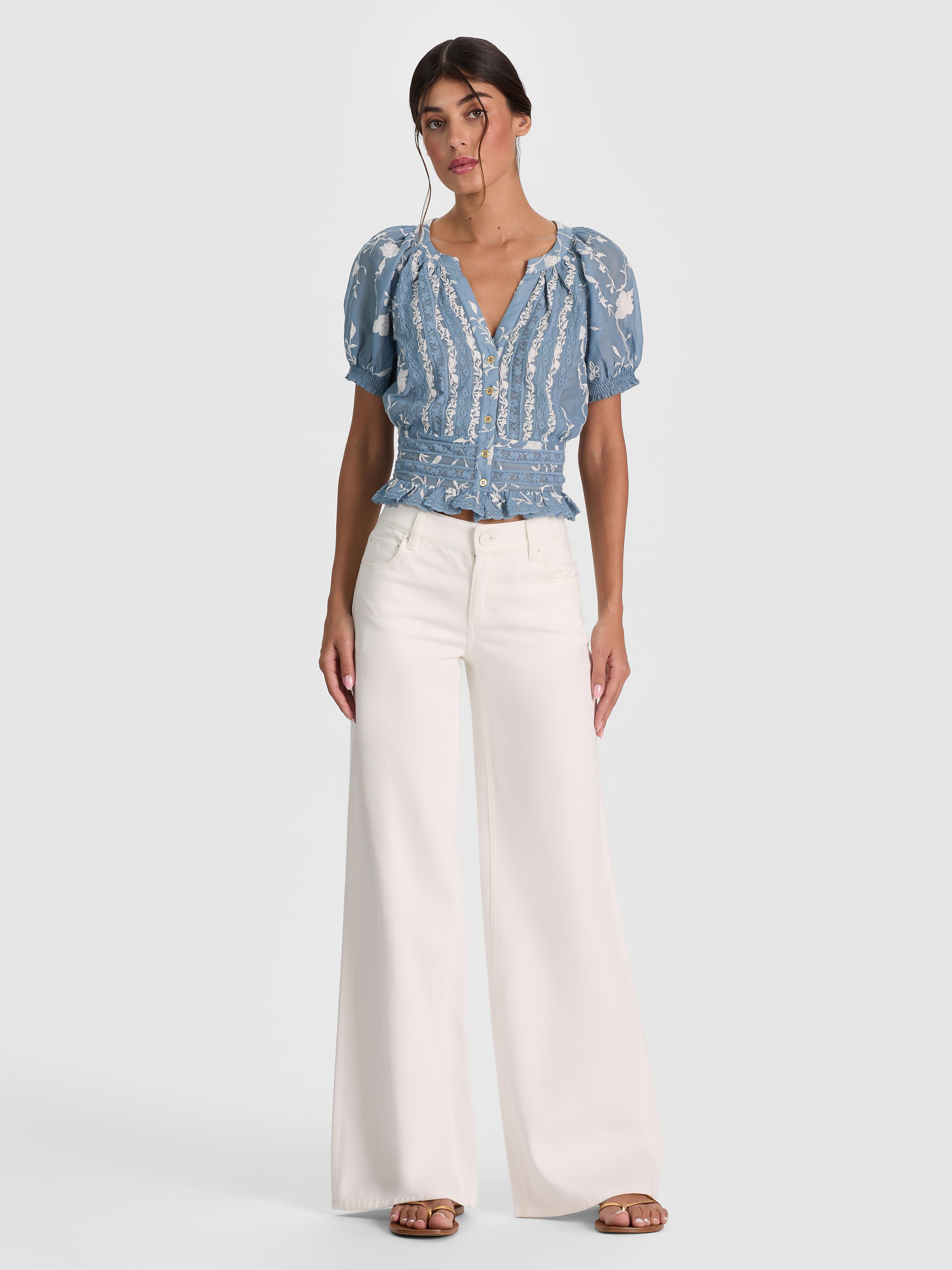 KATHRYN LACE TRIM BLOUSE-DEEP DENIM BLUE/VANILLA-ALICE + OLIVIA