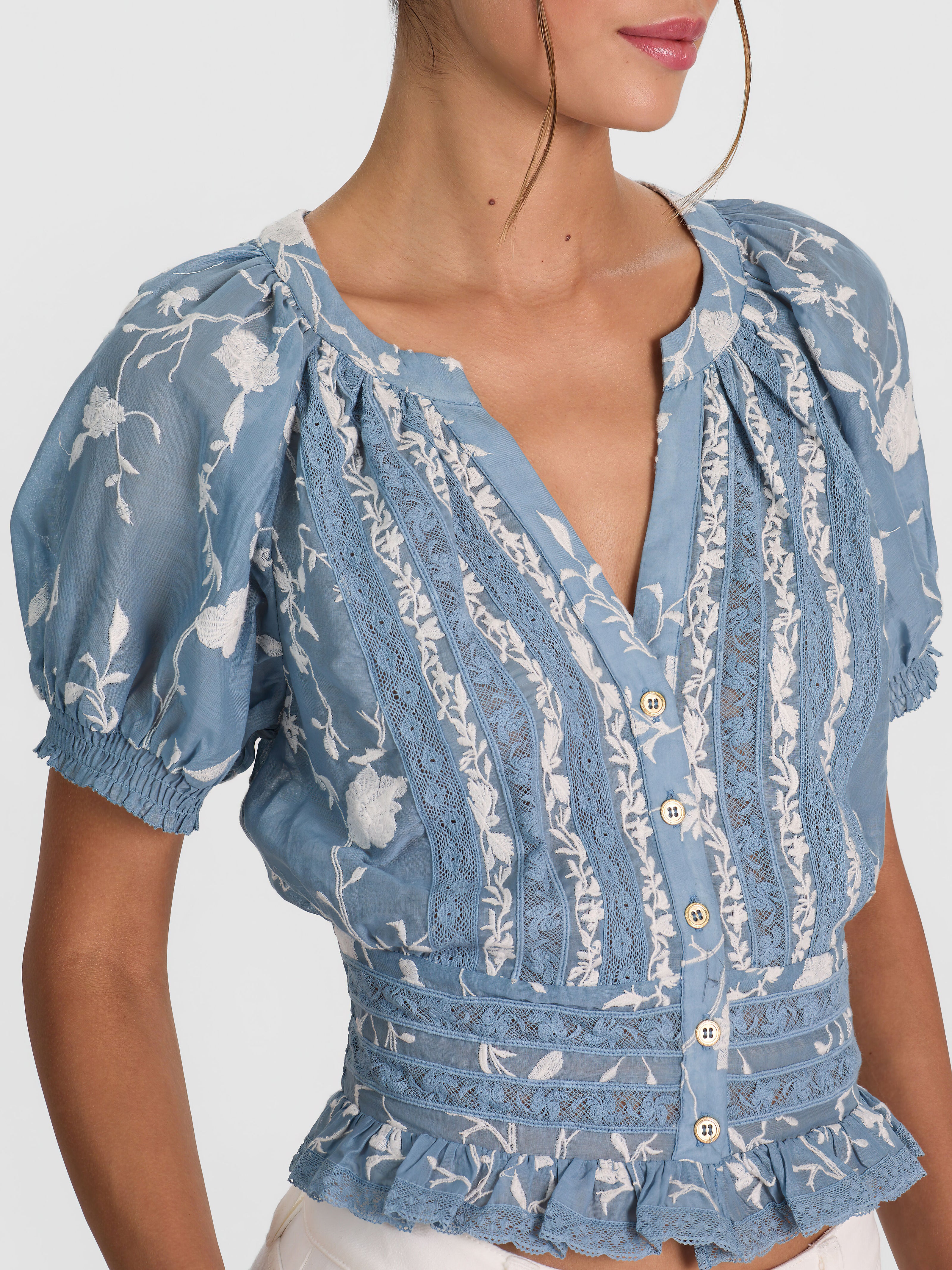 KATHRYN LACE TRIM BLOUSE-DEEP DENIM BLUE/VANILLA-ALICE + OLIVIA