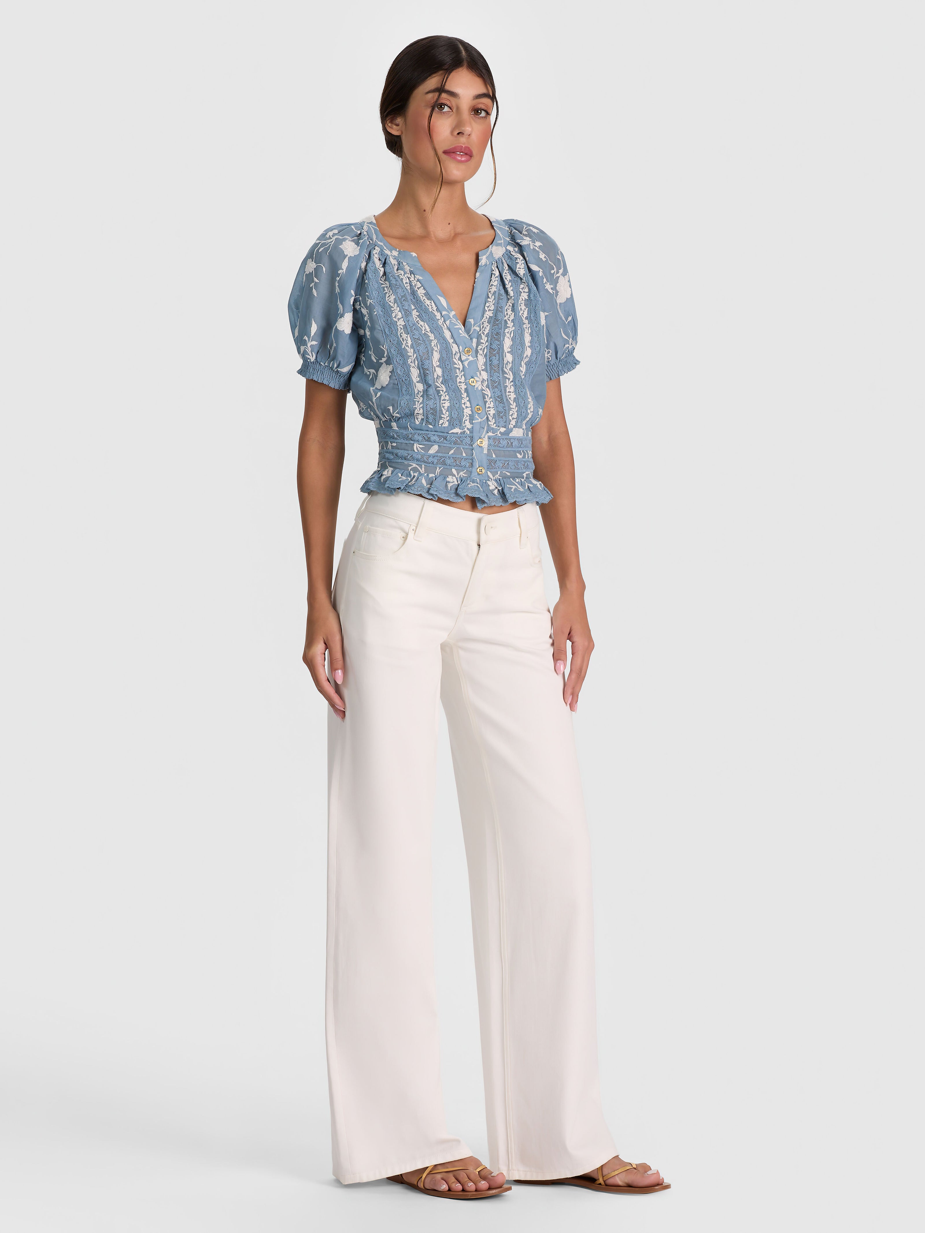 KATHRYN LACE TRIM BLOUSE-DEEP DENIM BLUE/VANILLA-ALICE + OLIVIA