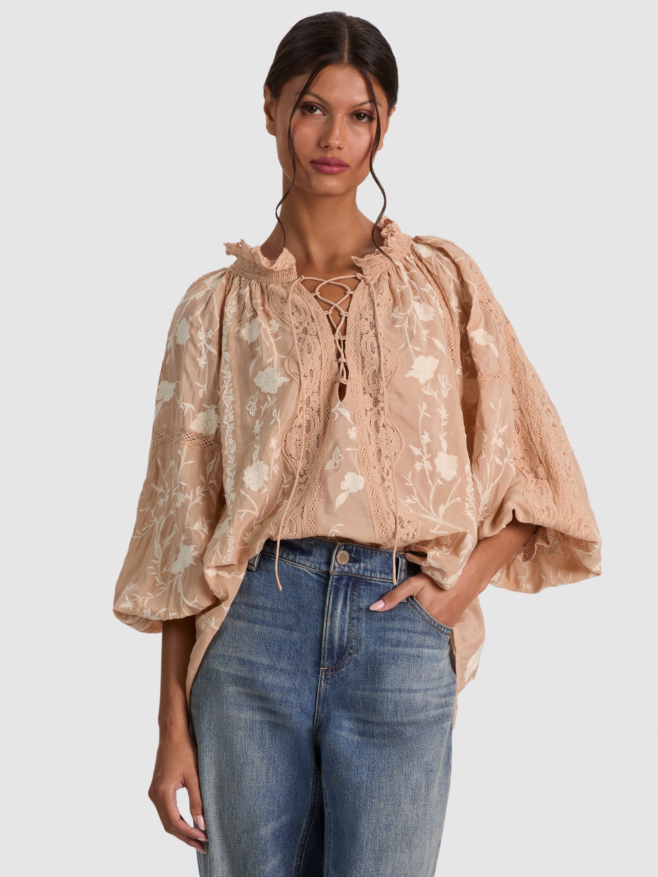 ODETTE EMRBOIDERED PUFF SLEEVE TOP in VANILLA/VANILLA | ALICE + OLIVIA