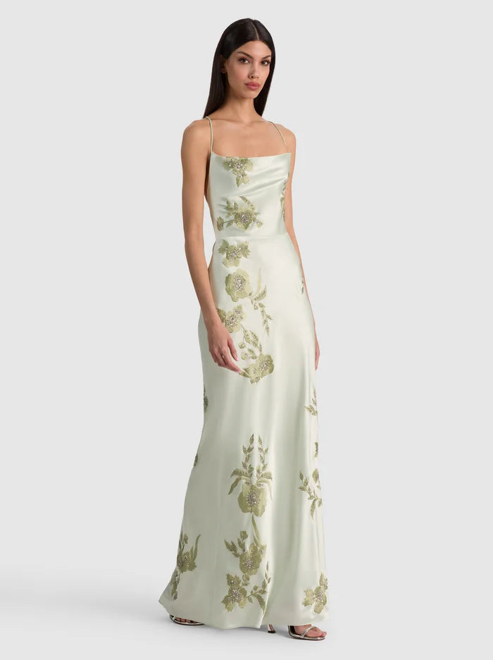 MONTANA EMBELL COWL STRAPPY BK MAXI DRESS-GREEN LILY-ALICE + OLIVIA