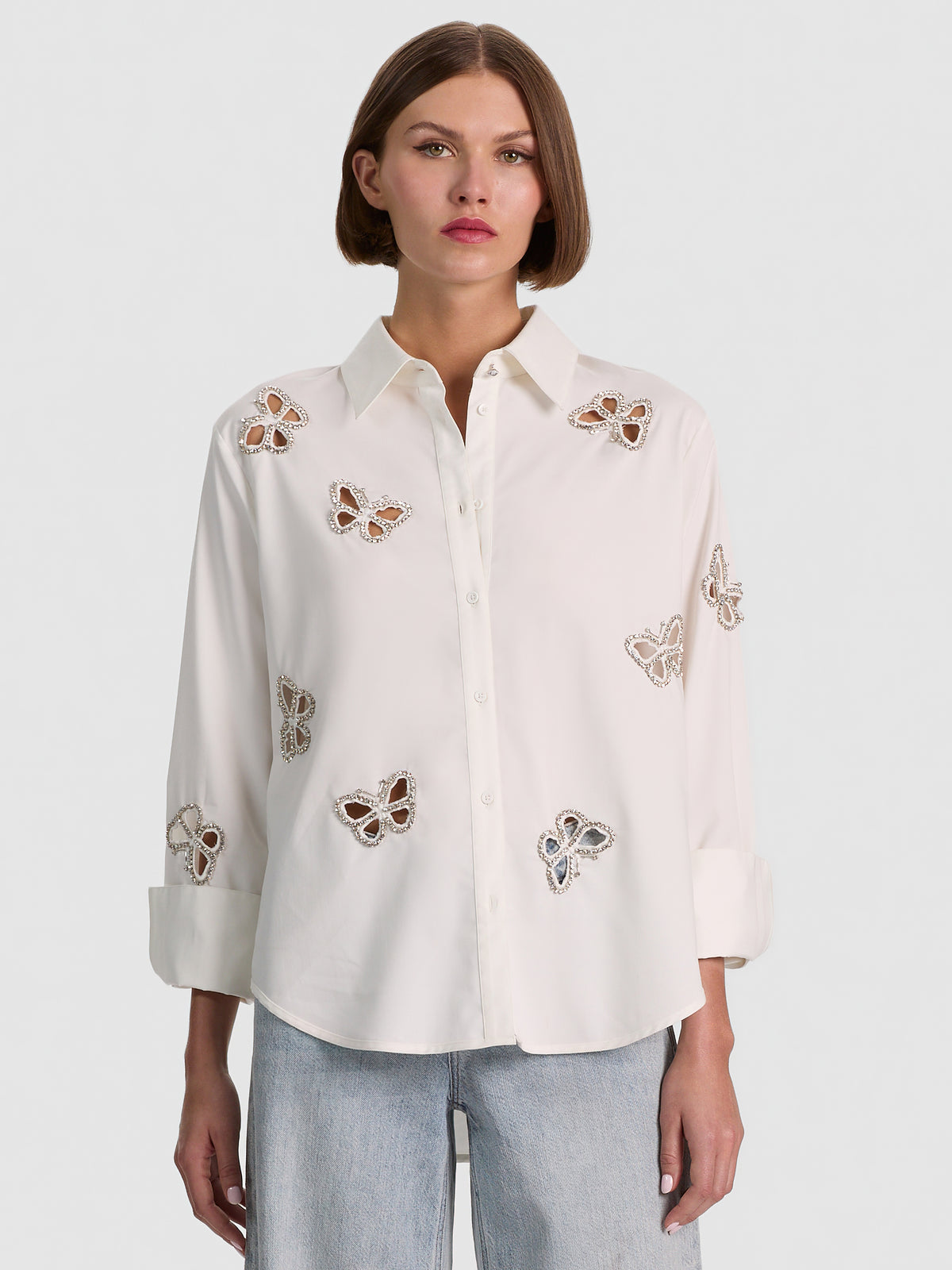FINELY EMBELLISHED CUTOUT BUTTON DOWN - OFF WHITE/SILVER CRYSTAL
