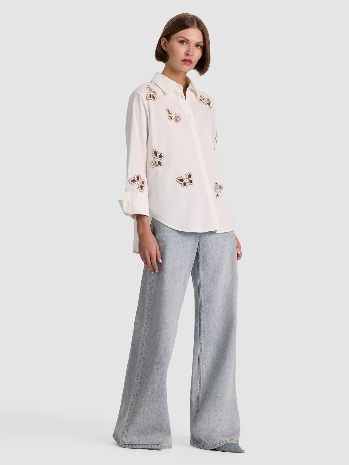 FINELY EMBELLISHED CUTOUT BUTTON DOWN - OFF WHITE/SILVER CRYSTAL