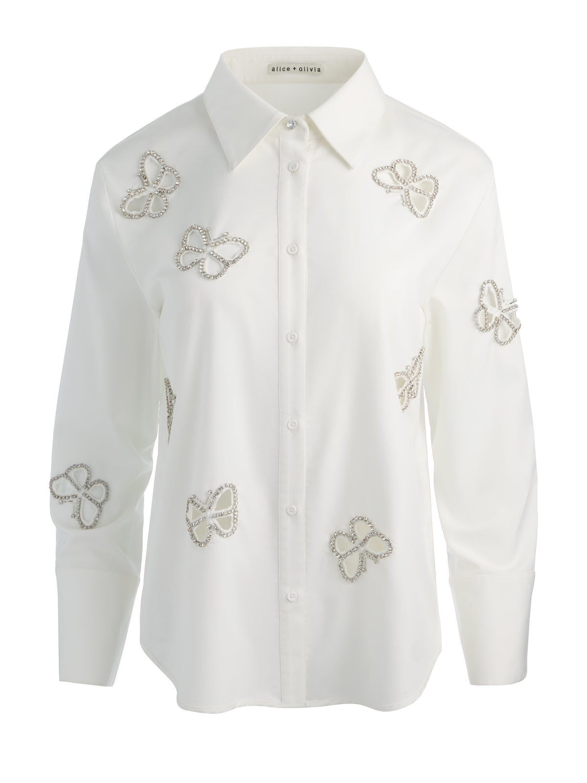 FINELY EMBELLISHED CUTOUT BUTTON DOWN - OFF WHITE/SILVER CRYSTAL