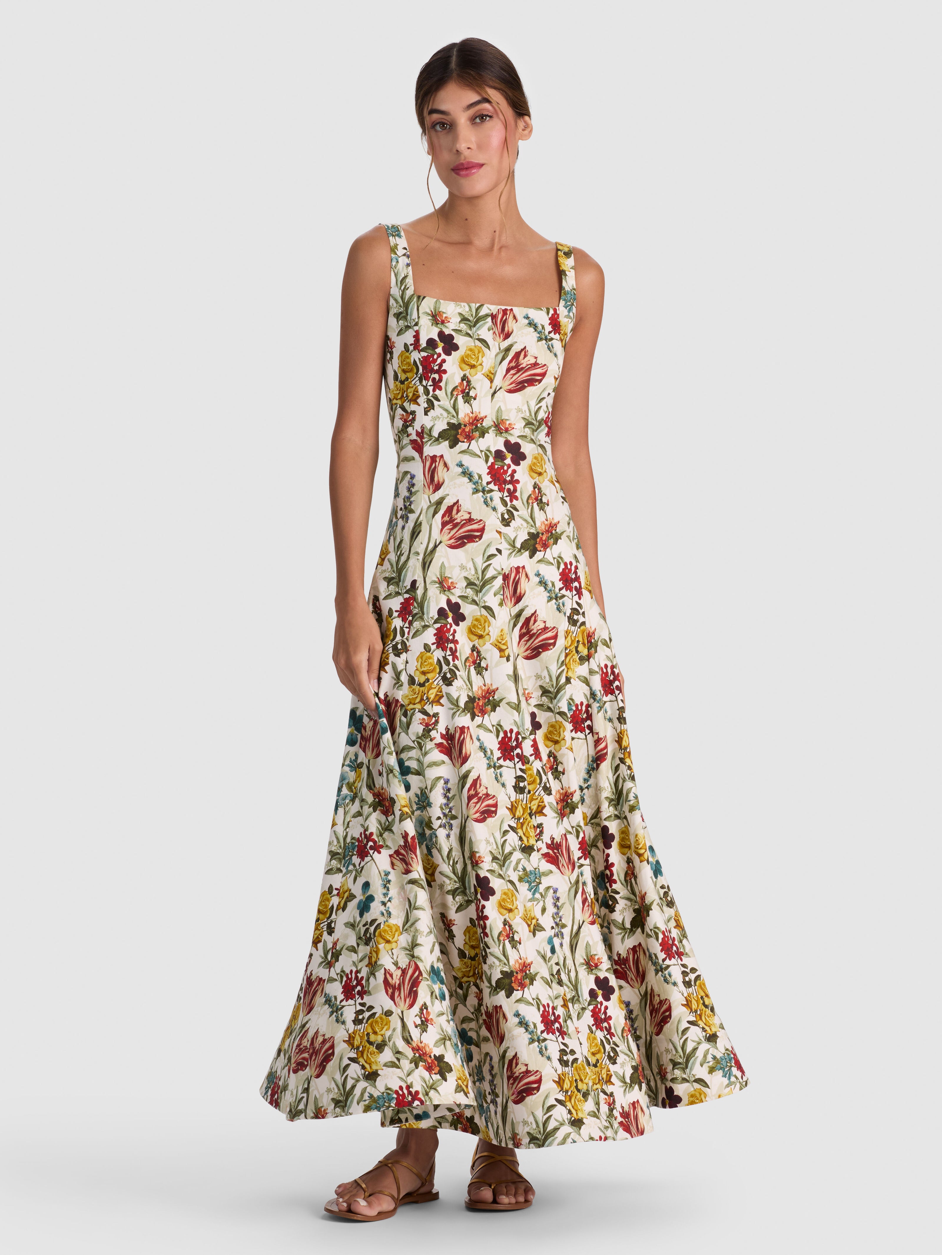 POLLY SEAMED TIE WAIST FLARED ANKLE LENGTH DRESS-DESERT SPRIGS VANILLA-ALICE + OLIVIA