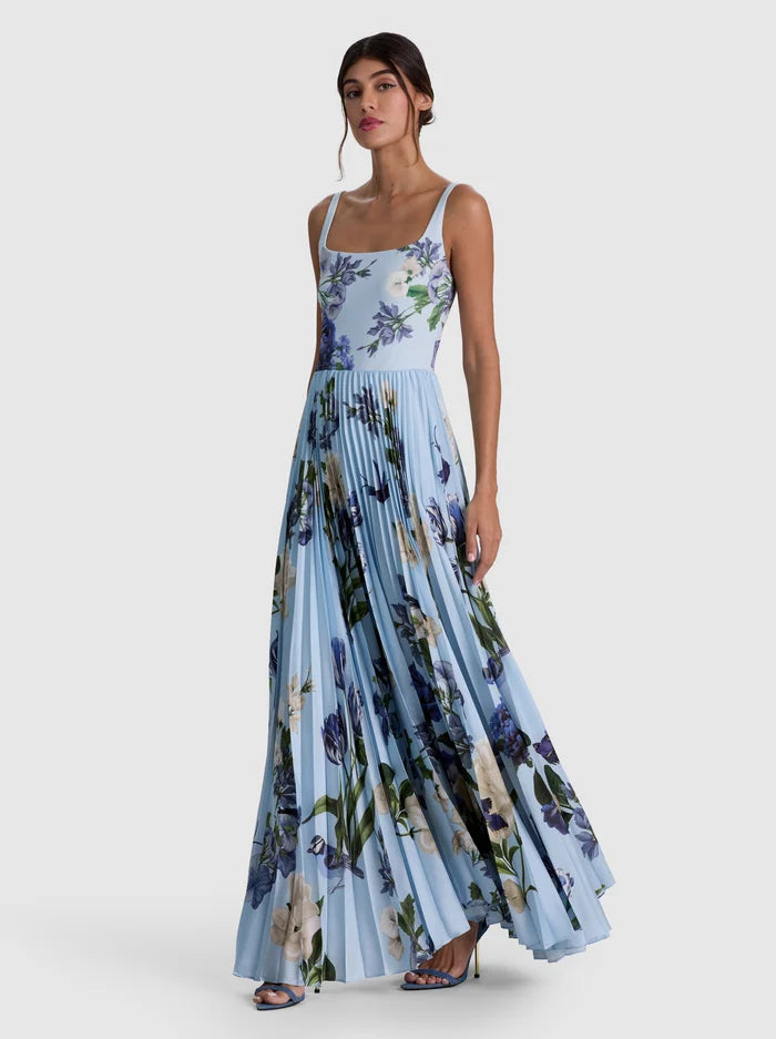 CAROLYN SOFT SQ NK ASSYM PLEATED MAXI DRESS-FLY AWAY-ALICE + OLIVIA