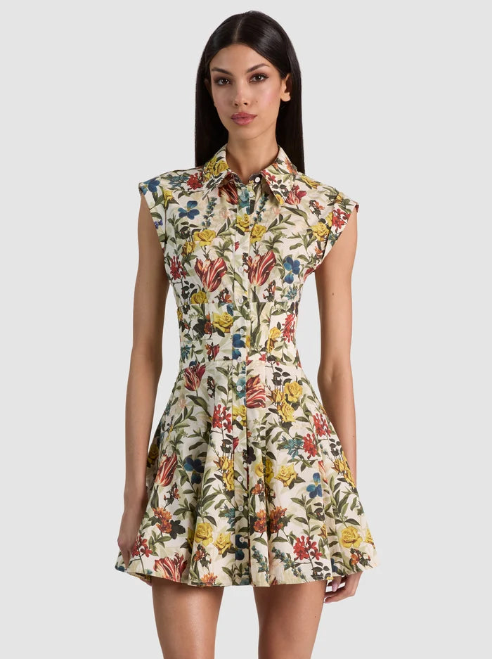 ROBE COURTE CHEMISE ÉVASÉE AVEC CORSAGE ET DÉCOUPES KIM - MOTIFS FLEURIS DESERT SPRIGS VANILLE