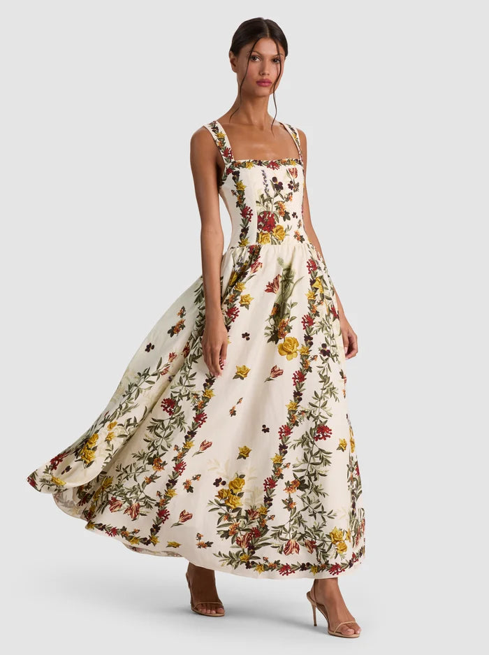 ROBE LONGUE ÉVASÉE VERA - VANILLE MOTIFS VÉGÉTAUX DU DÉSERT