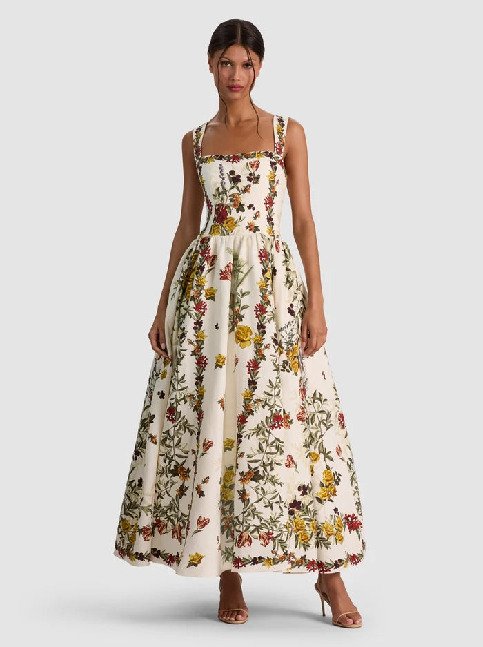 ROBE LONGUE ÉVASÉE VERA - VANILLE MOTIFS VÉGÉTAUX DU DÉSERT