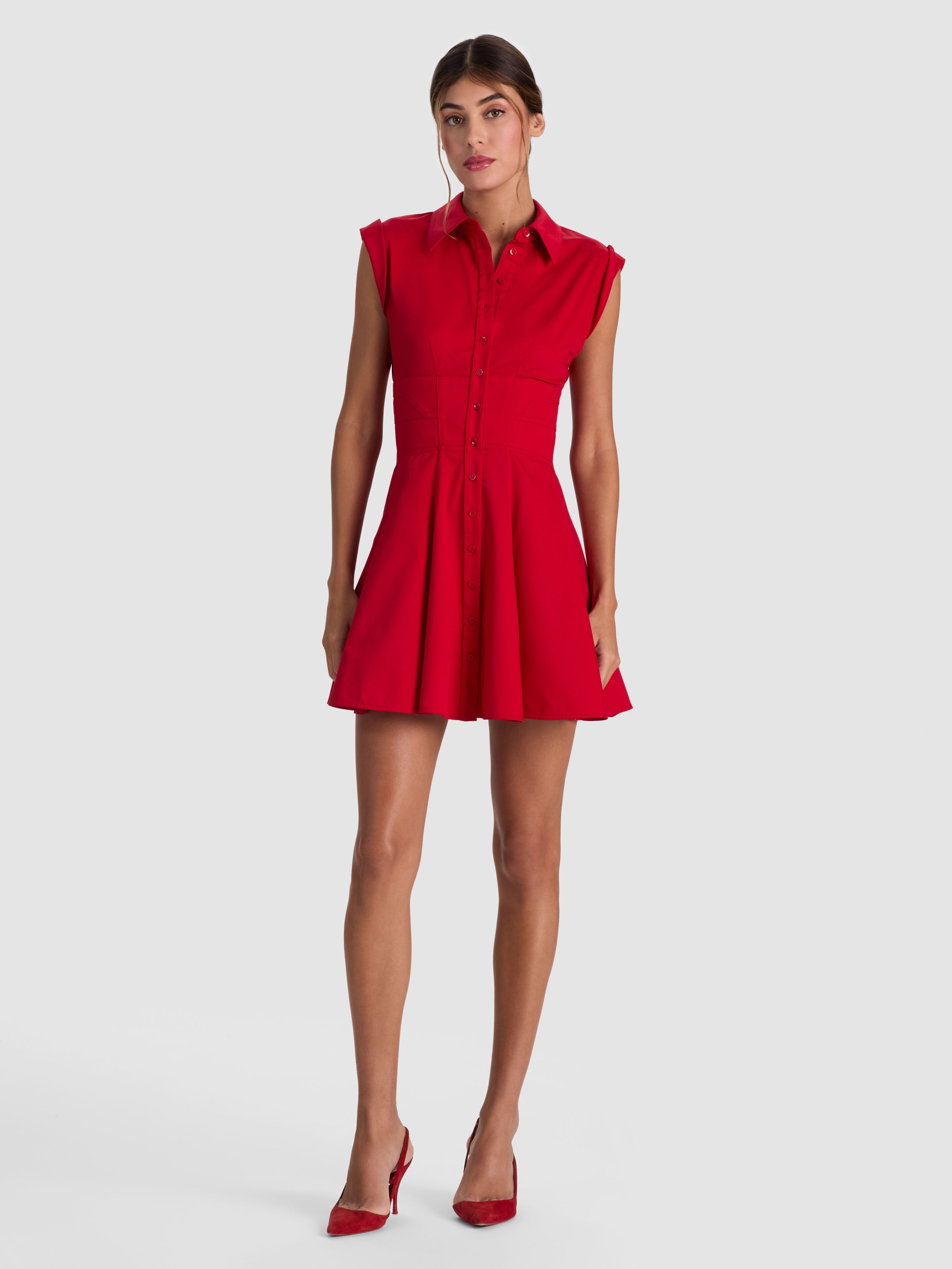 KIM PANELED CORSET FLARED MINI SHIRT DRESS-HIBISCUS-ALICE + OLIVIA