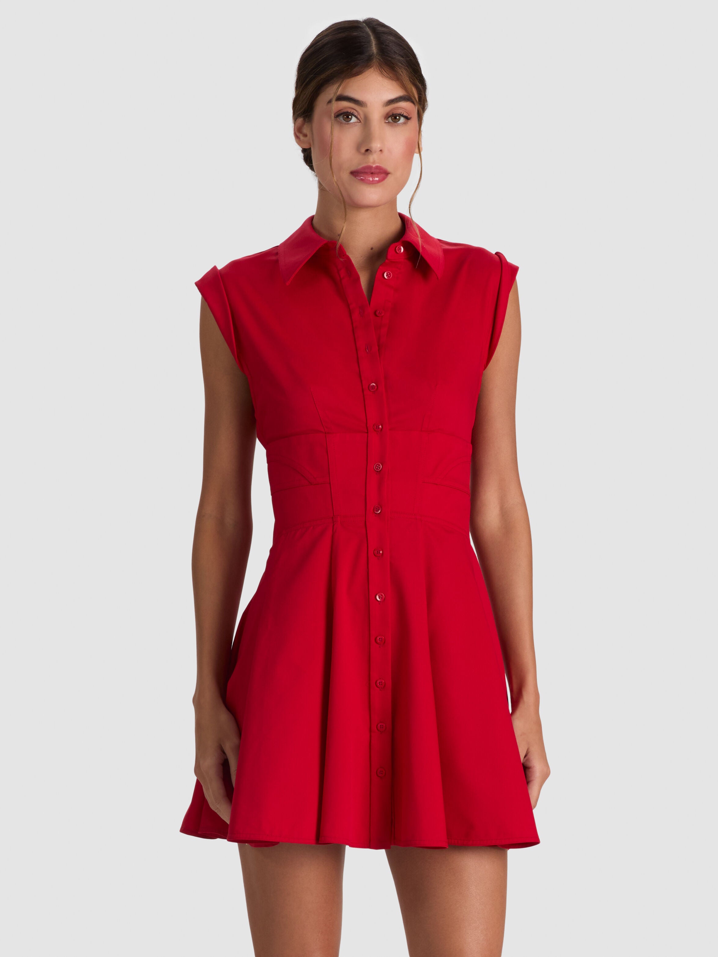 KIM PANELED CORSET FLARED MINI SHIRT DRESS-HIBISCUS-ALICE + OLIVIA