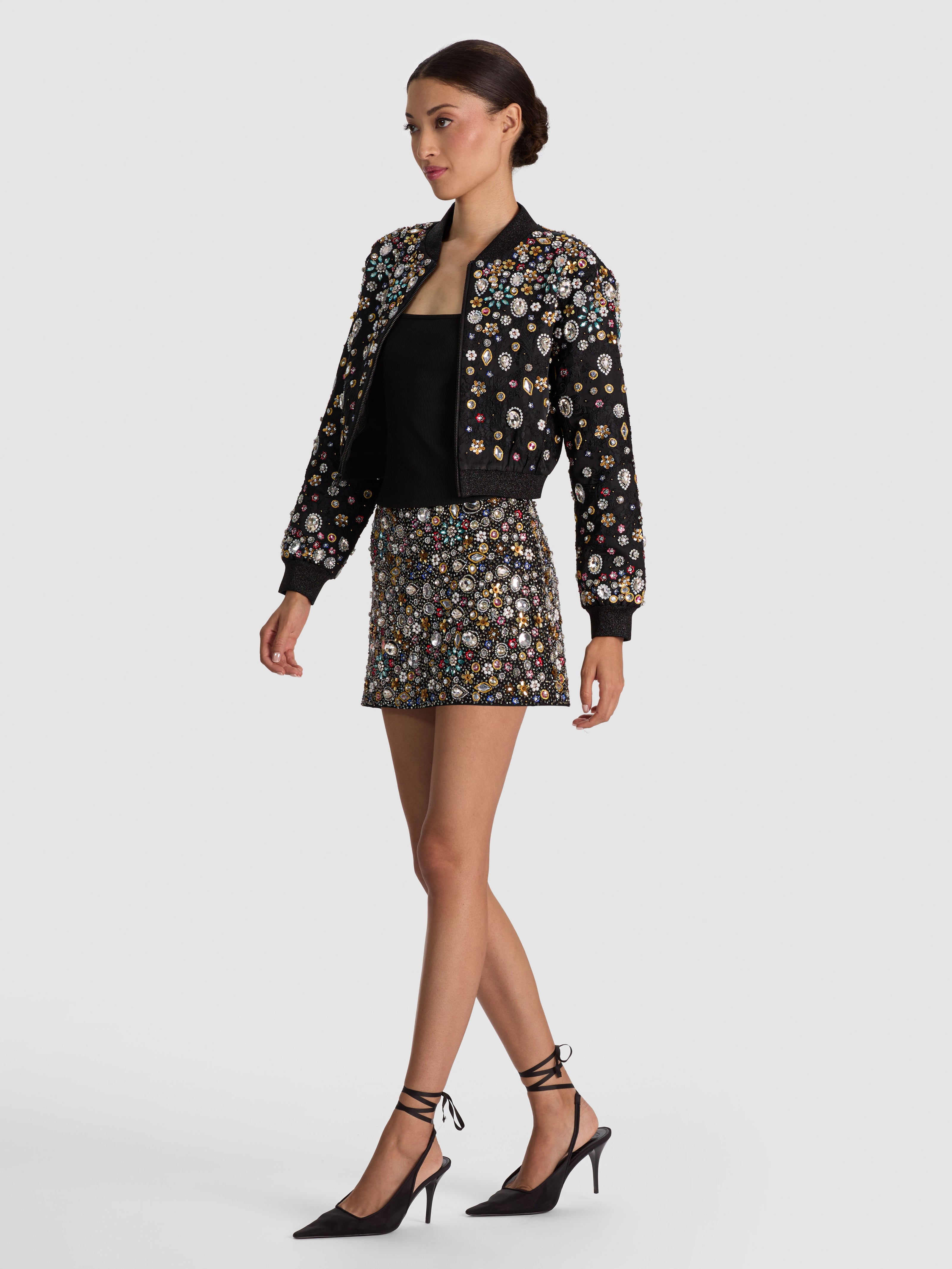 JACKIE EMBELLISHED BOMBER JACKET-BLACK/MULTI-ALICE + OLIVIA