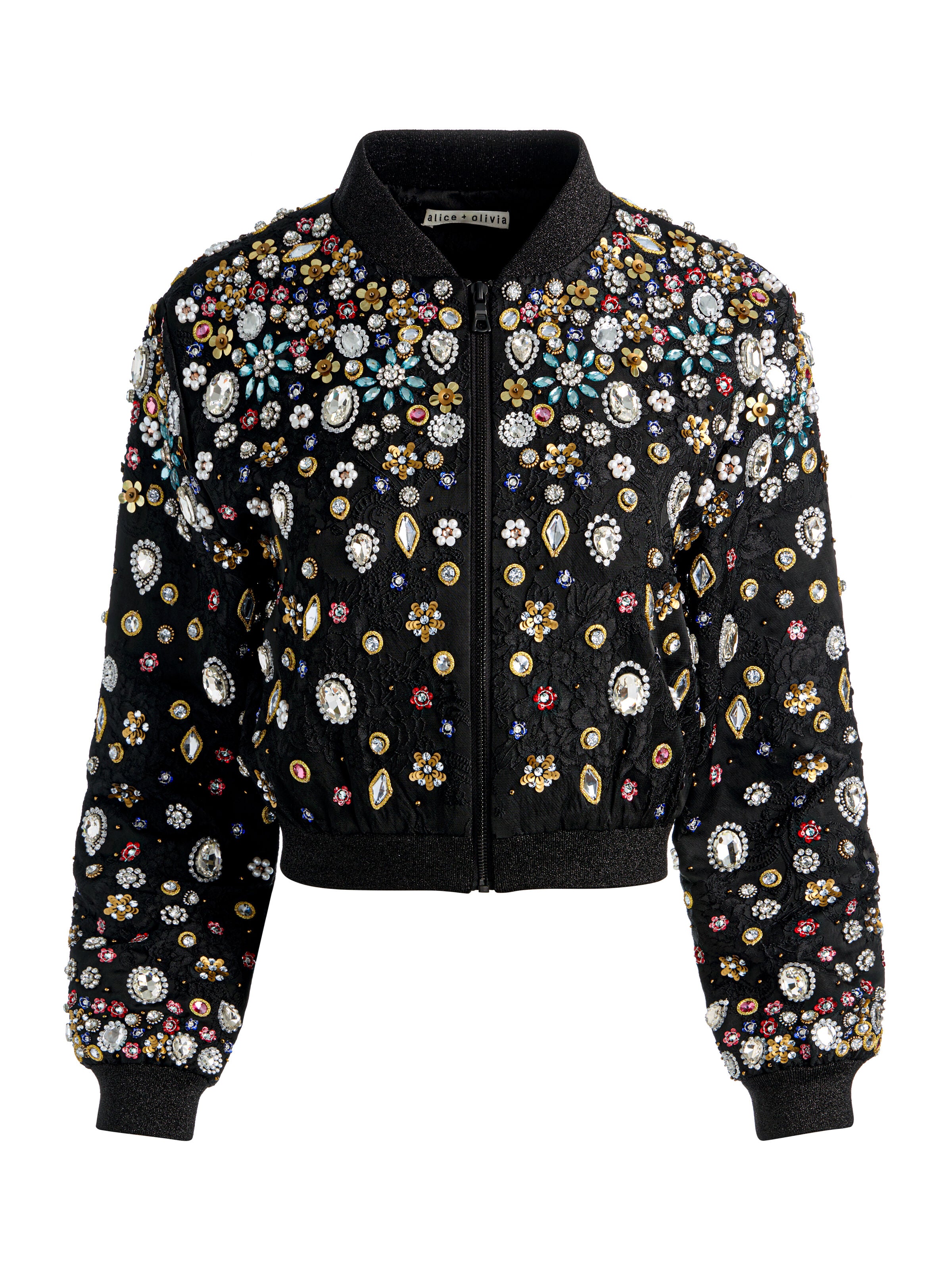 JACKIE EMBELLISHED BOMBER JACKET-BLACK/MULTI-ALICE + OLIVIA