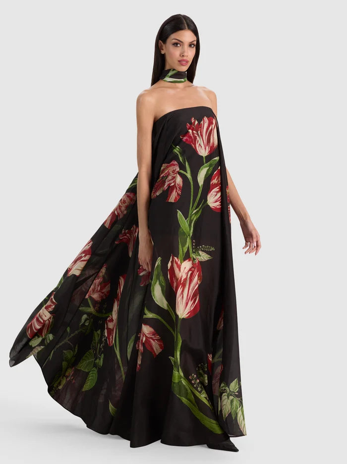black maxi dress with scarf ALICE + OLIVIA Women's Maricela Strapless Voluminous - Soft Tulip adaptable design. Color:Navy Eyelet Black Satin Mermaid Sleeveless undress dress