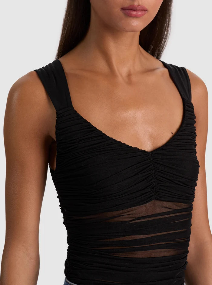 RENEE SHEER RUCHED BODYSUIT-Black-ALICE + OLIVIA