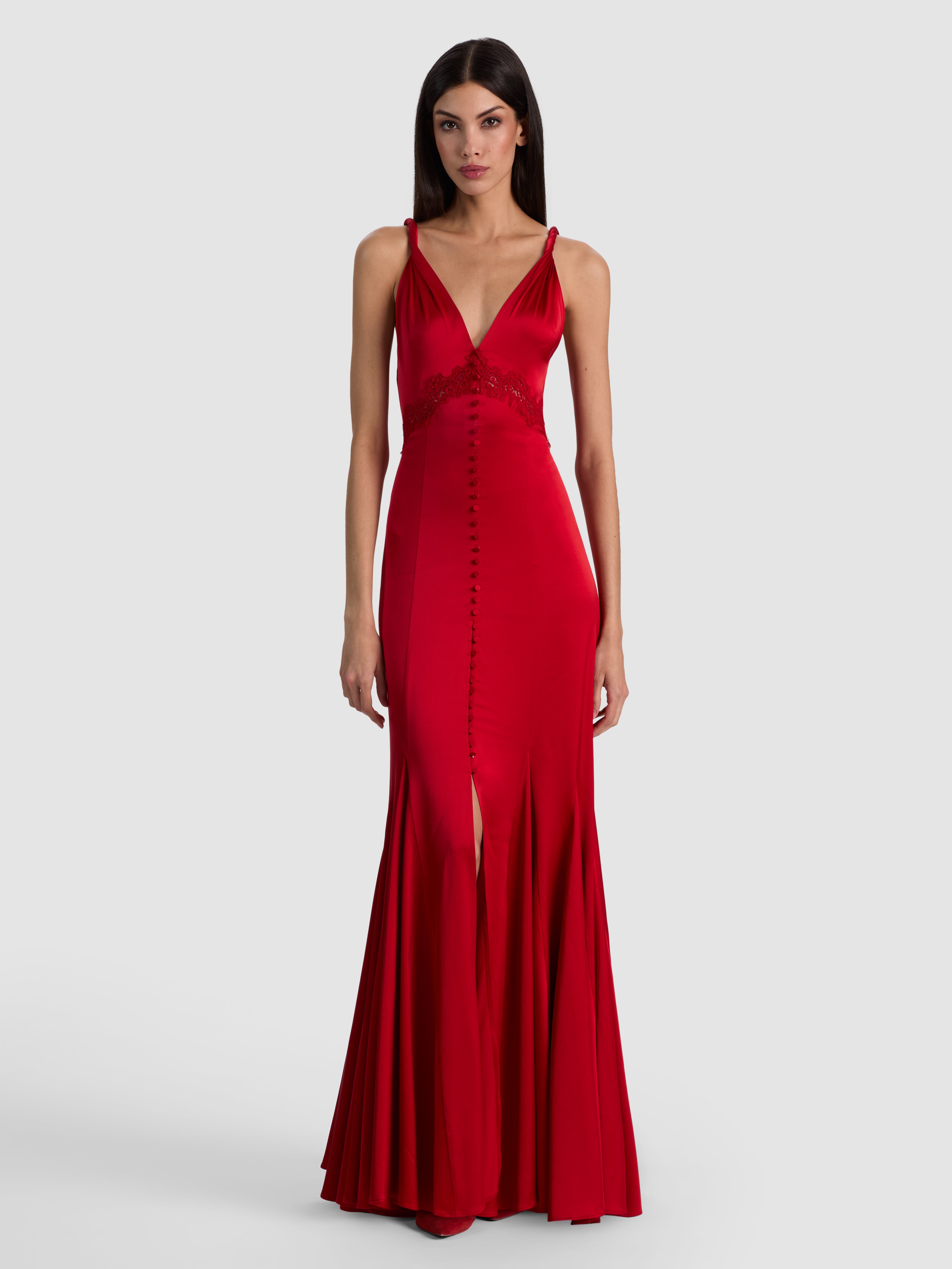 NISA CUTAWAY LACE TWIST STRAP TIE BK GODET MAXI DRESS