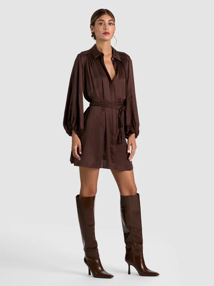 MARGAUX BLSN SLV TIE FT MINI DRESS-DARK CHOCOLATE-ALICE + OLIVIA