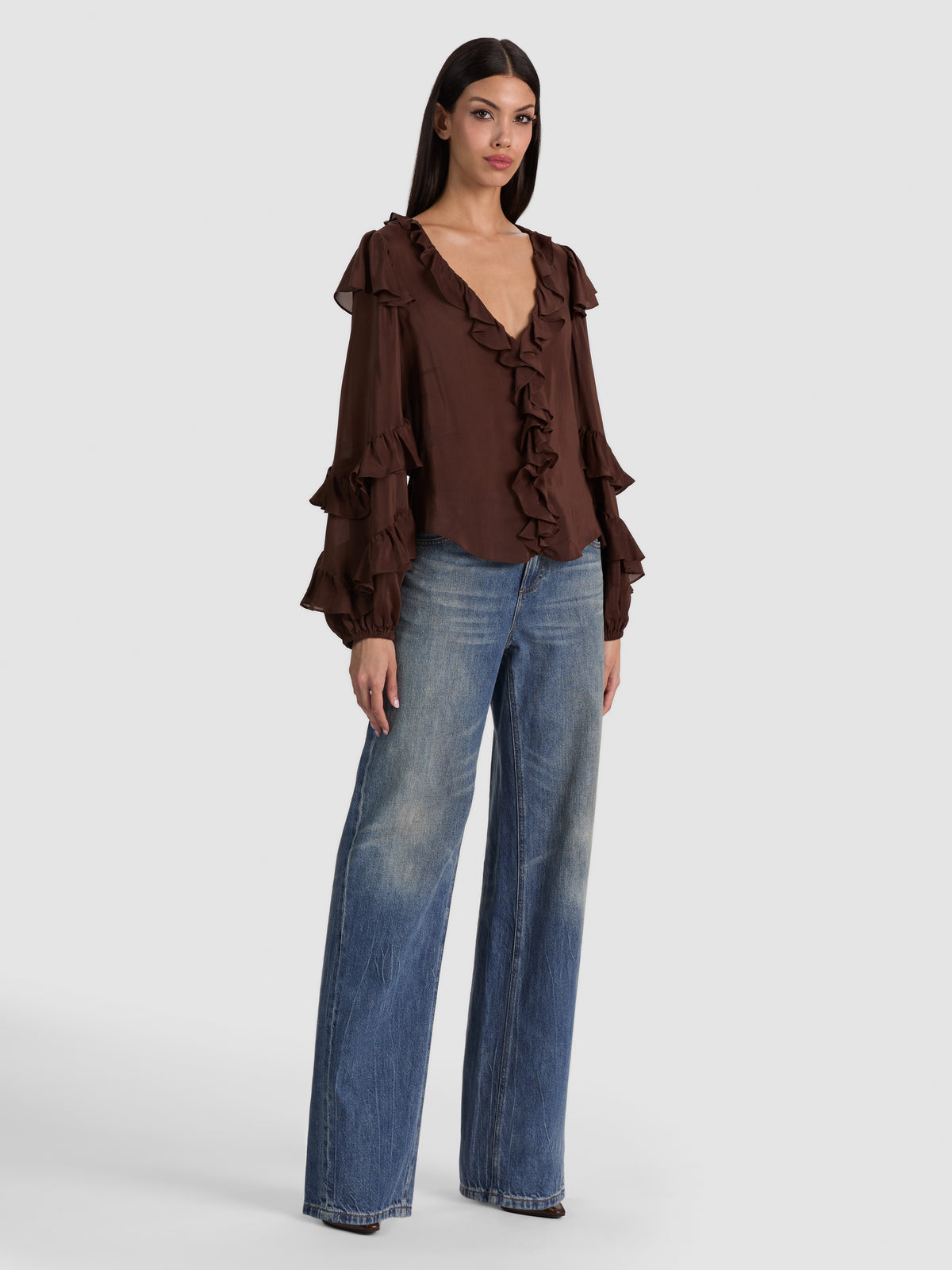 RYLEE RUFFLE BLOUSE - DARK CHOCOLATE