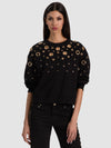 RUSSELL GROMMET RELAXED CREWNECK SWEATSHIRT-BLACK/PALE GOLD-ALICE + OLIVIA