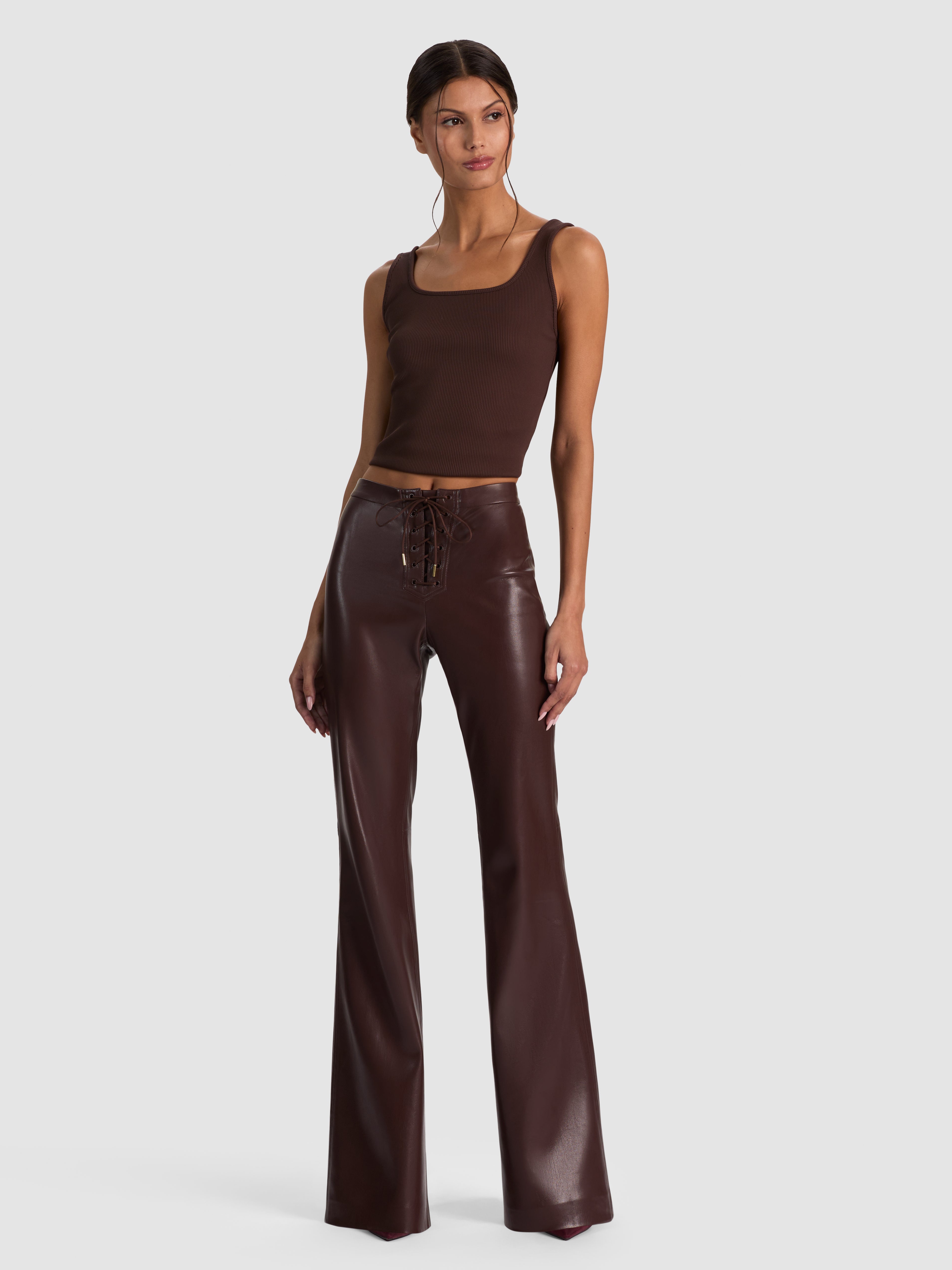 RAVYN VEGAN LACE UP BOOTCUT PANT in DARK CHOCOLATE | ALICE + OLIVIA