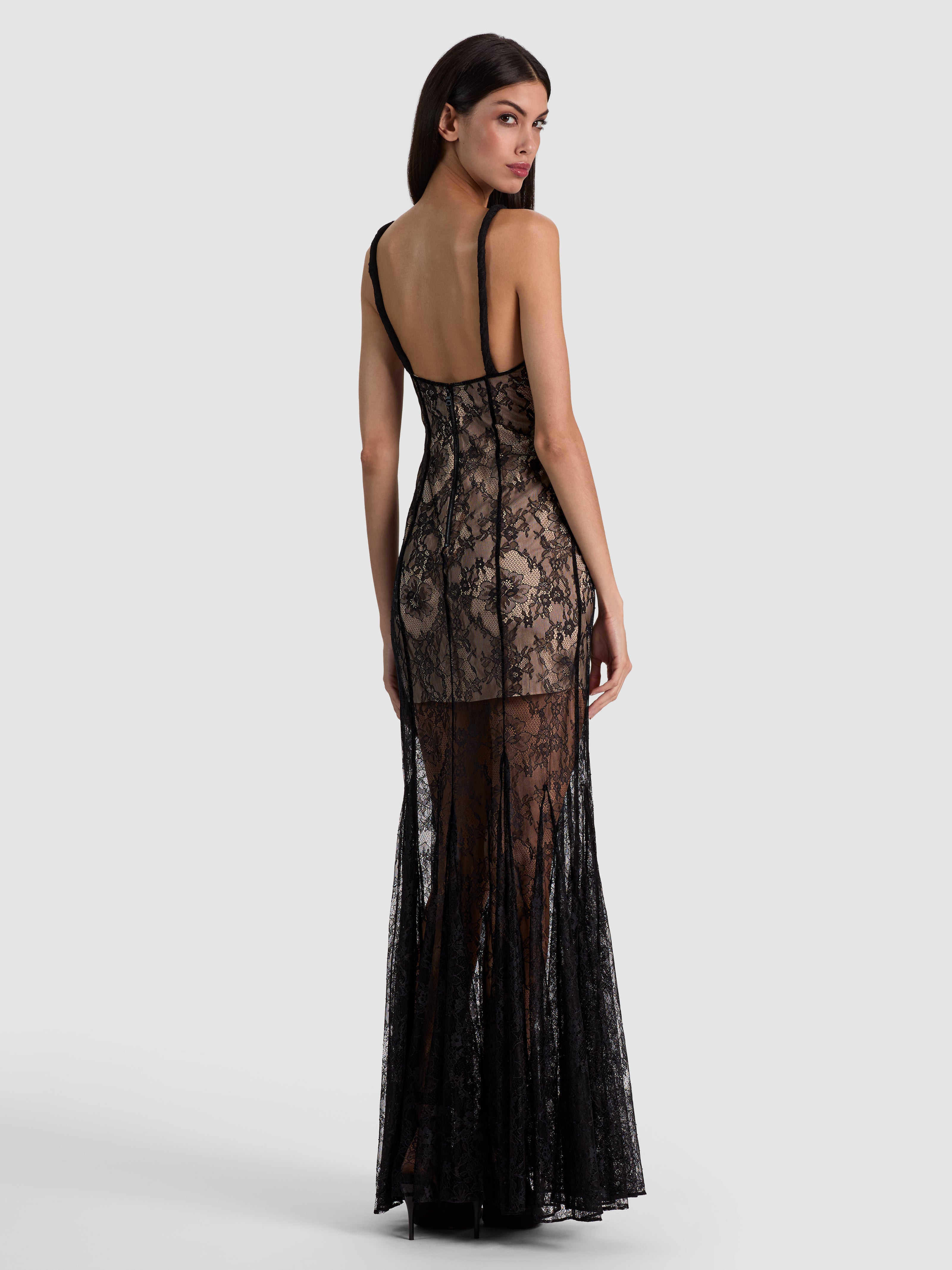 ALANA TWIST STRAP LACE GODET MAXI DRESS-BLACK/ALMOND-ALICE + OLIVIA