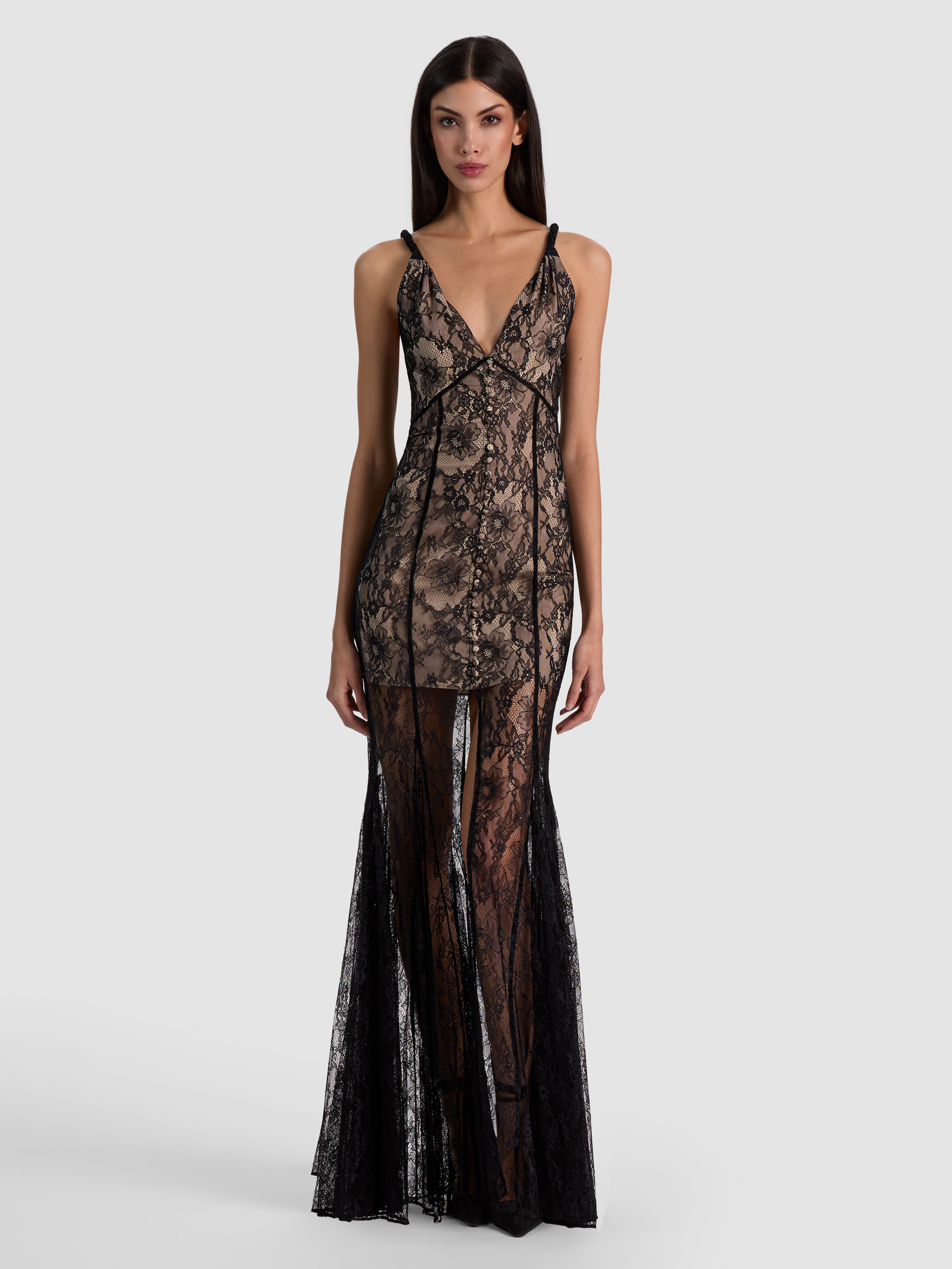 ALANA TWIST STRAP LACE GODET MAXI DRESS-BLACK/ALMOND-ALICE + OLIVIA