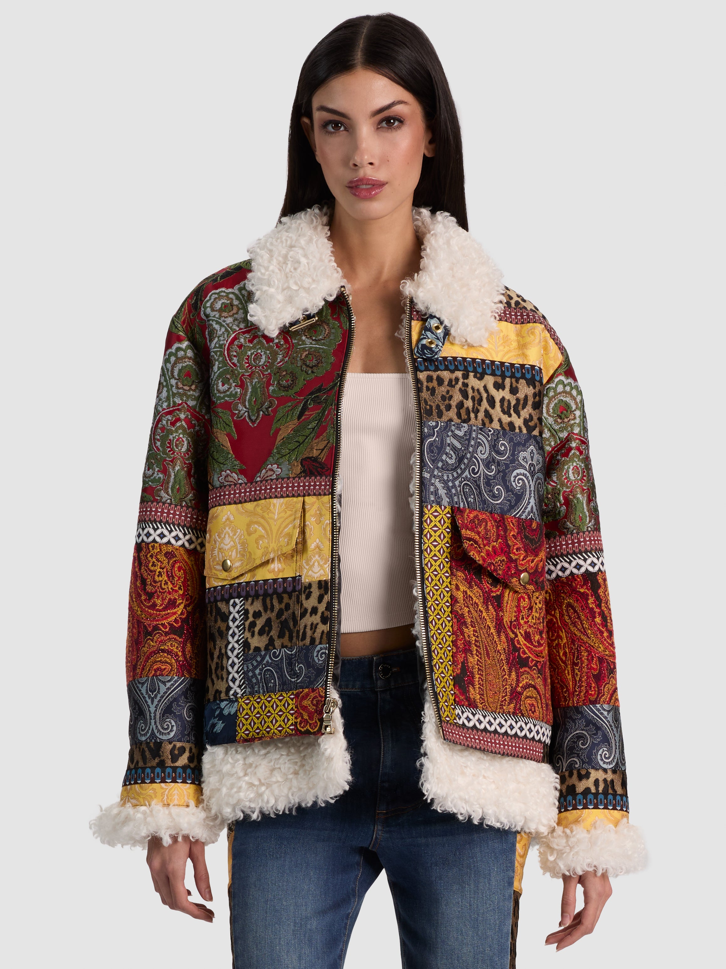HUDSON PATCHWORK JCD FAUX SHEARLING AVIATOR COAT-MULTI-ALICE + OLIVIA