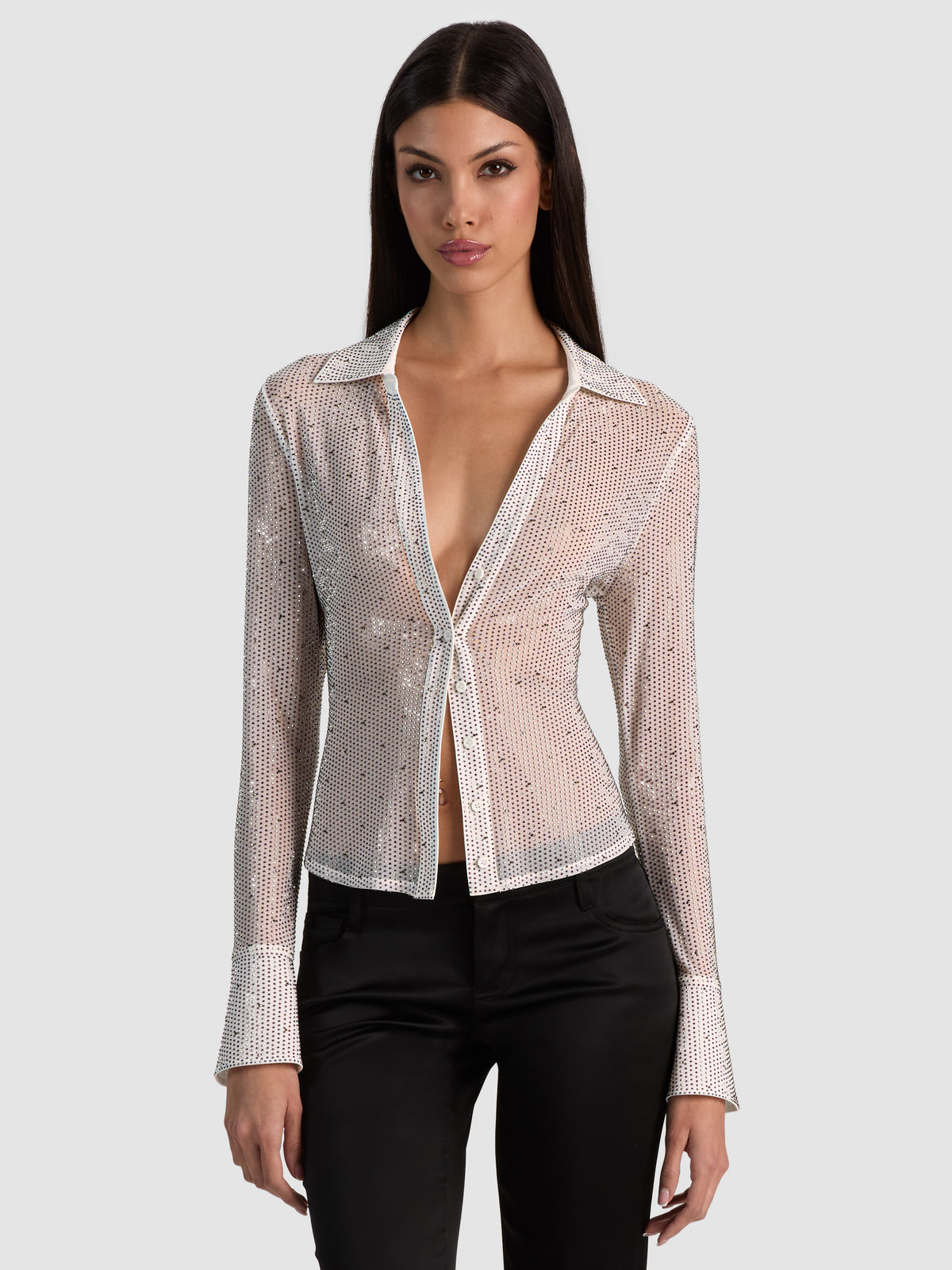 FREYA EMBELLISHED BUTTON DOWN TOP - OFF WHITE/HEMATITE