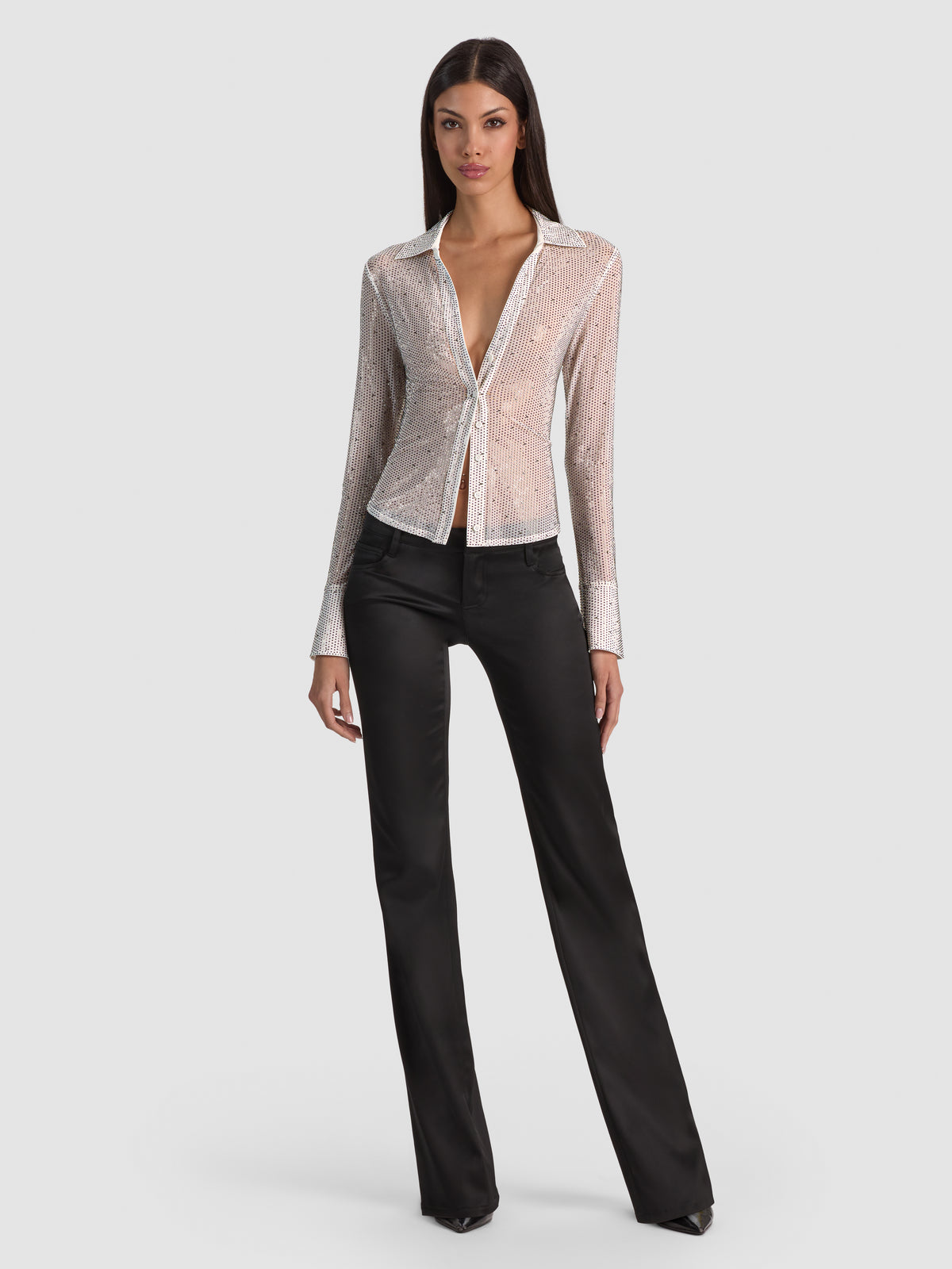 FREYA EMBELLISHED BUTTON DOWN TOP-OFF WHITE/HEMATITE-ALICE + OLIVIA