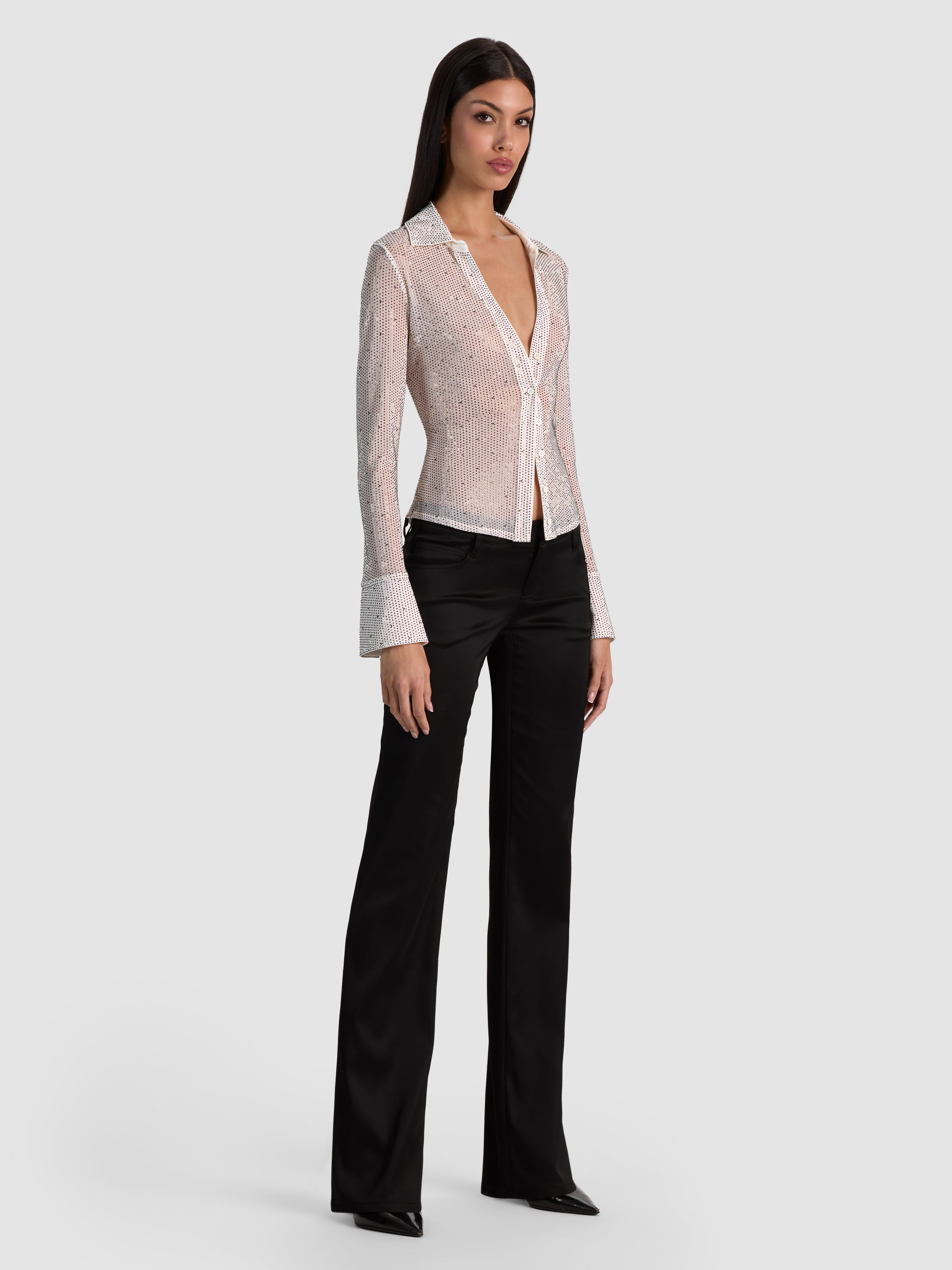 FREYA EMBELLISHED BUTTON DOWN TOP-OFF WHITE/HEMATITE-ALICE + OLIVIA