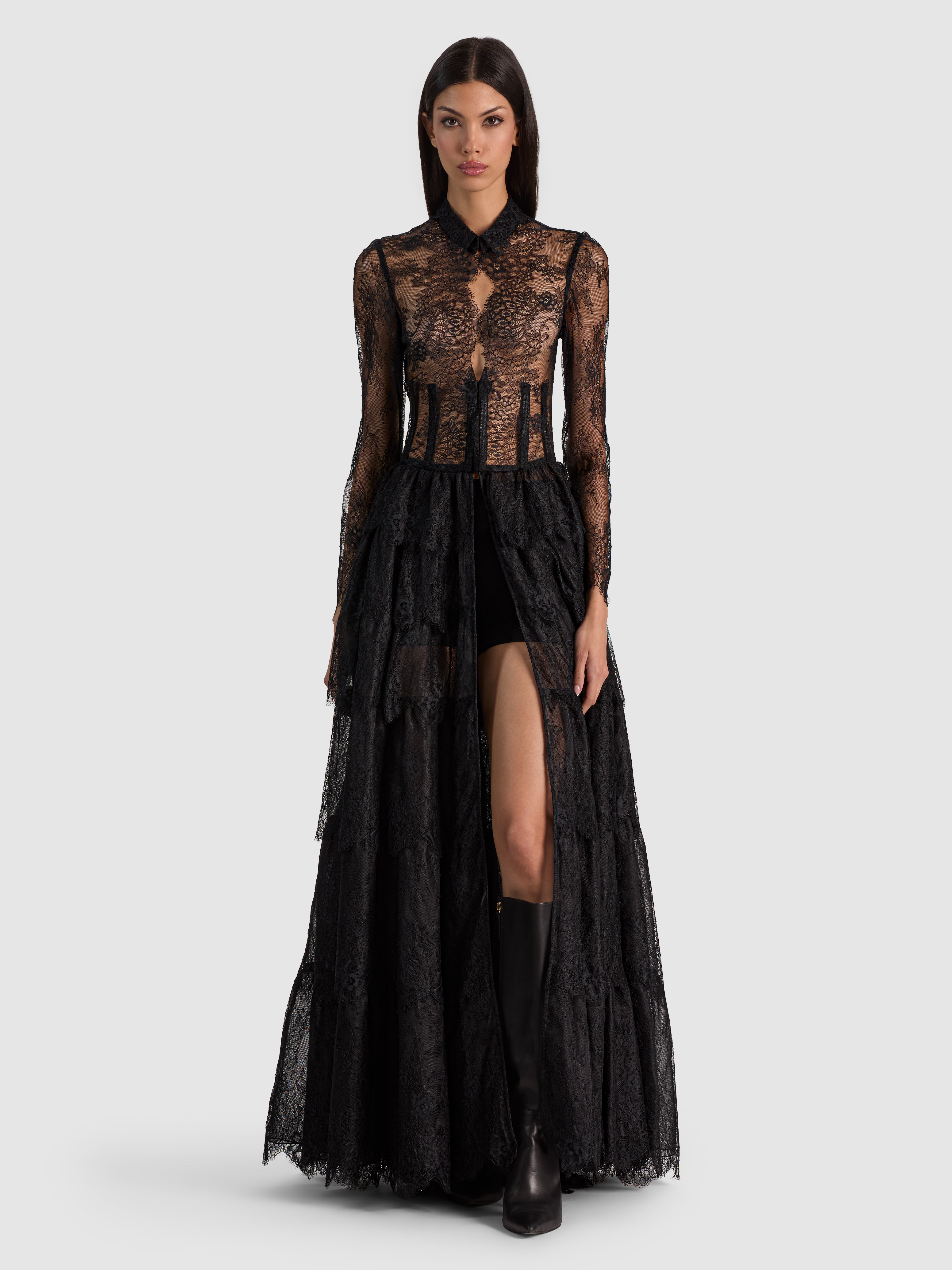 DELORA LACE MAXI DRESS WITH TRAIN in Black | ALICE + OLIVIA