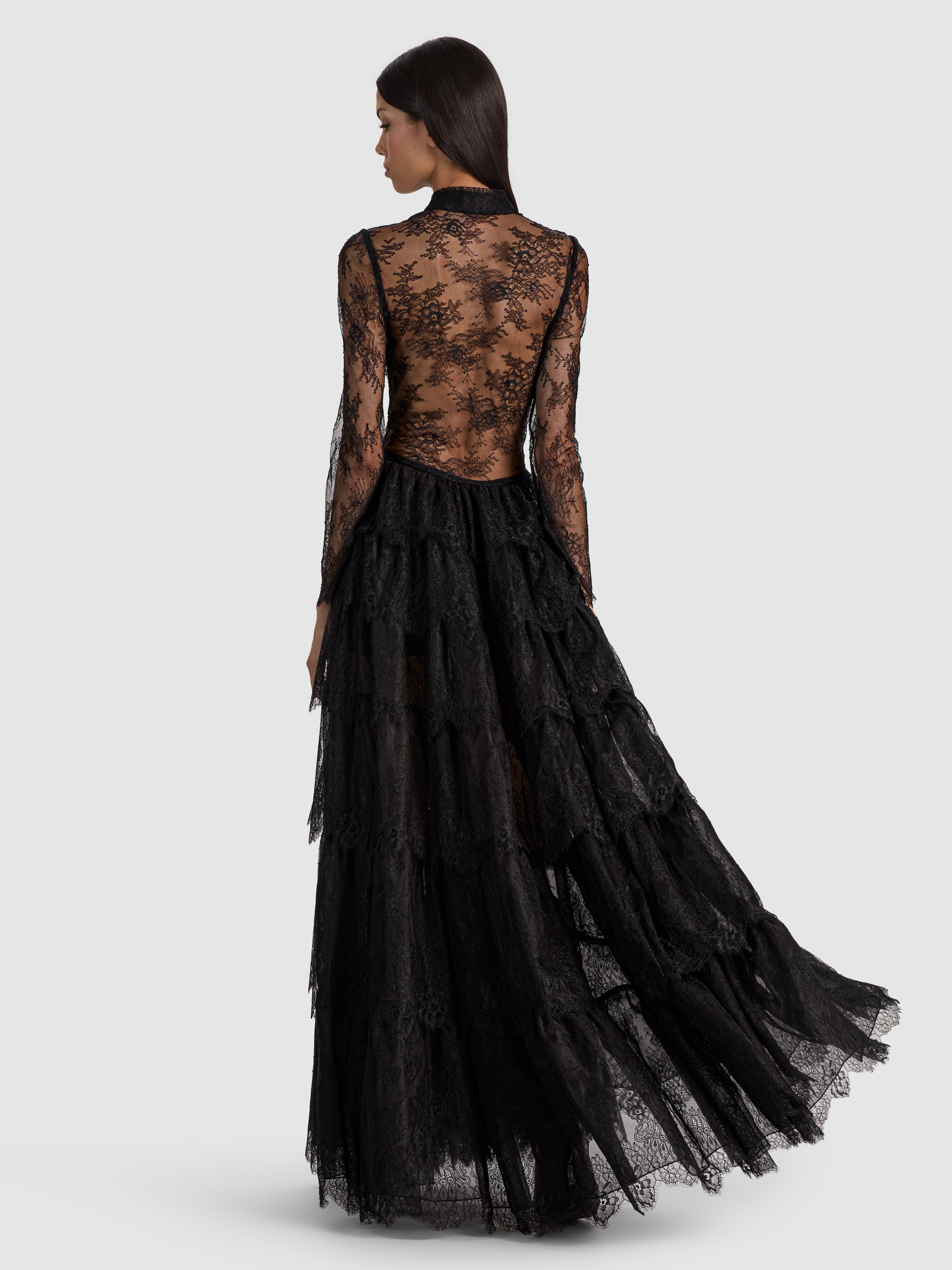 XAVIER TIERED LACE MAXI COAT in Black | ALICE + OLIVIA