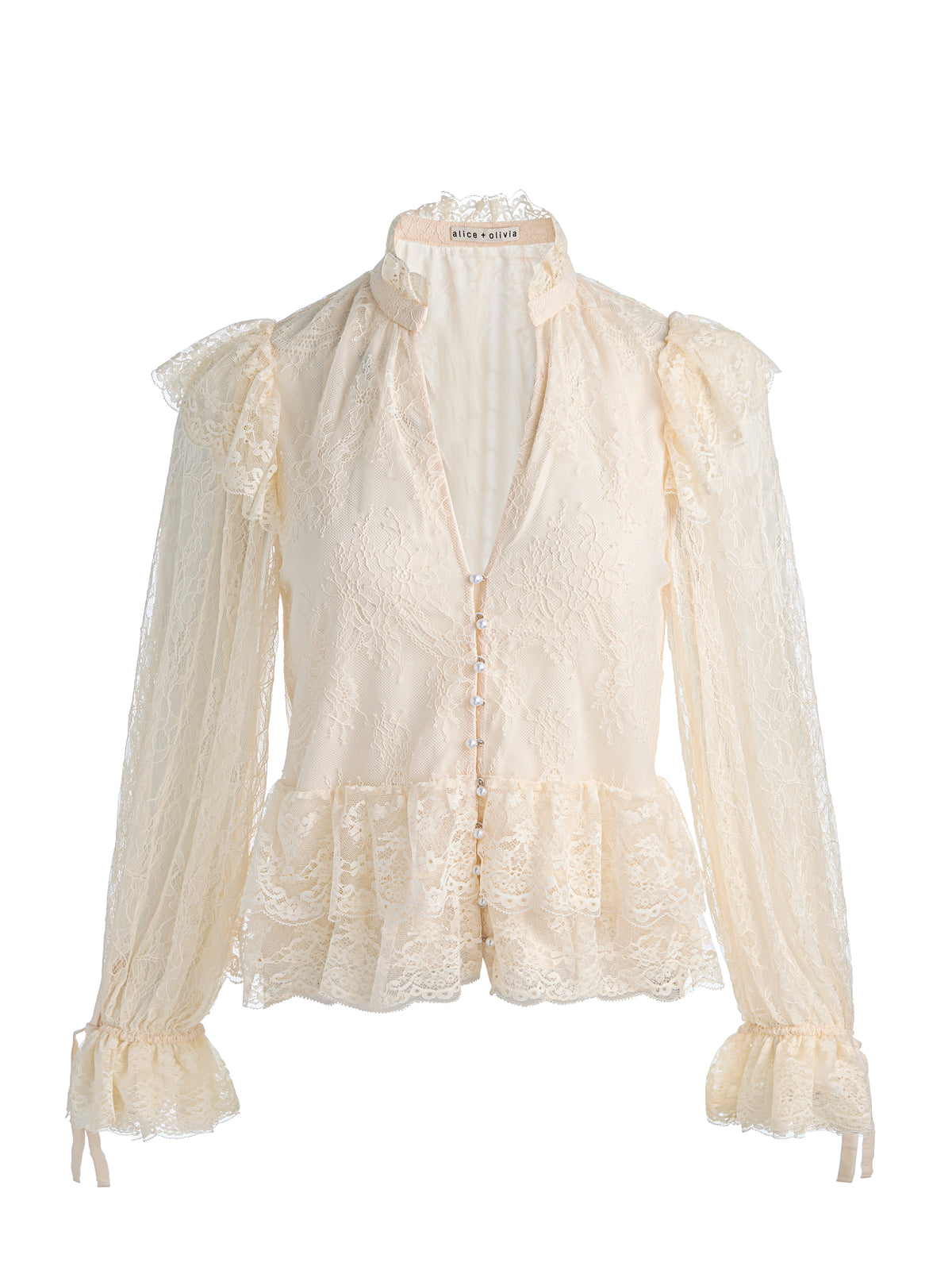 WILHELMINA LACE RUFFLE TIE NK BTN FT TOP - CHINO