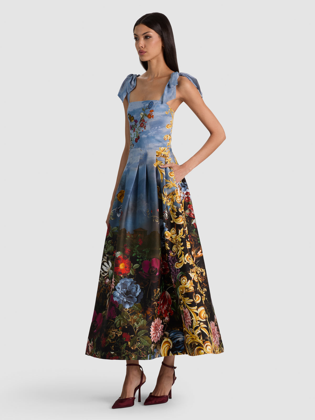 HANA TIE STRAP MIDI DRESS-ALPINE DAWN-ALICE + OLIVIA