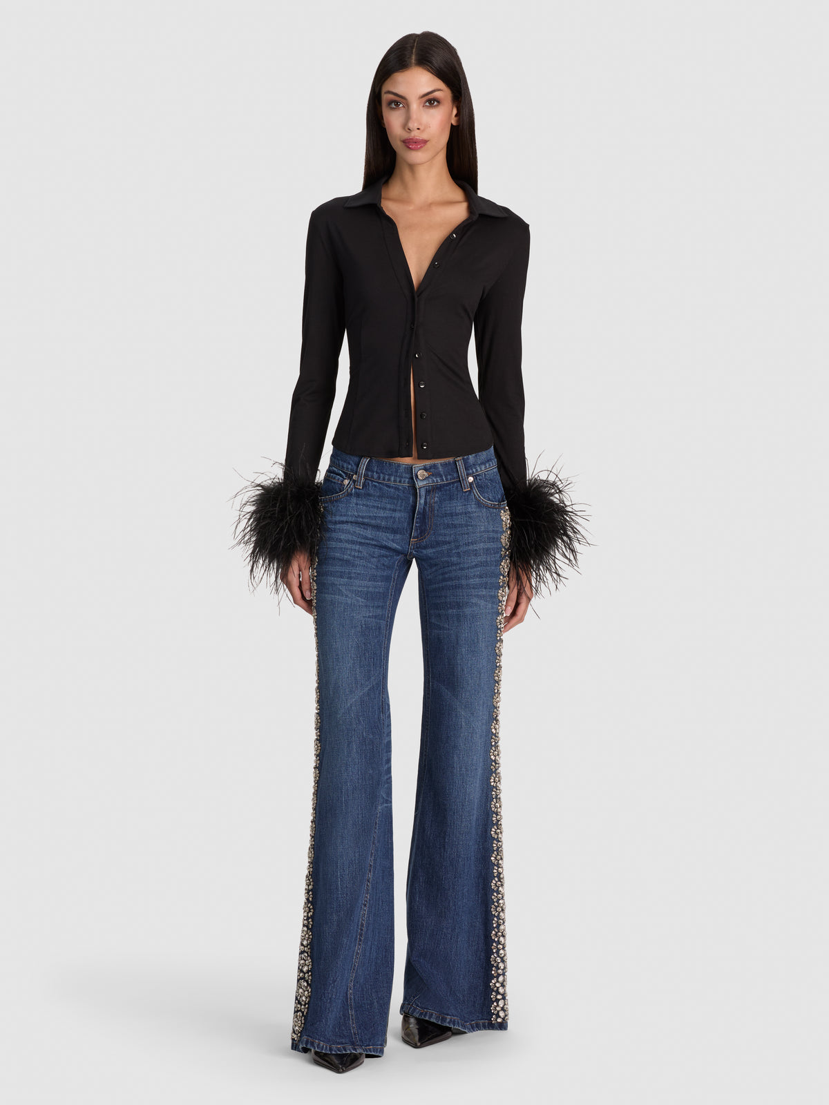 FREYA FEATHER BUTTON DOWN TOP-Black-ALICE + OLIVIA