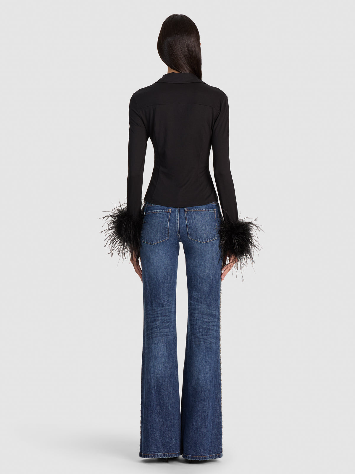FREYA FEATHER BUTTON DOWN TOP-Black-ALICE + OLIVIA