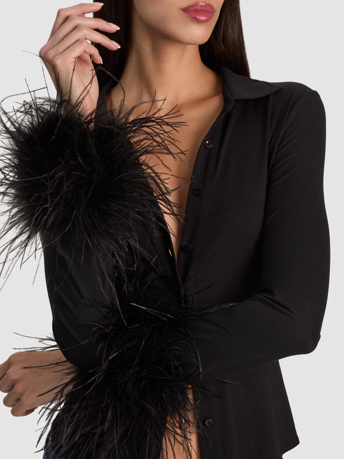 FREYA FEATHER BUTTON DOWN TOP-Black-ALICE + OLIVIA